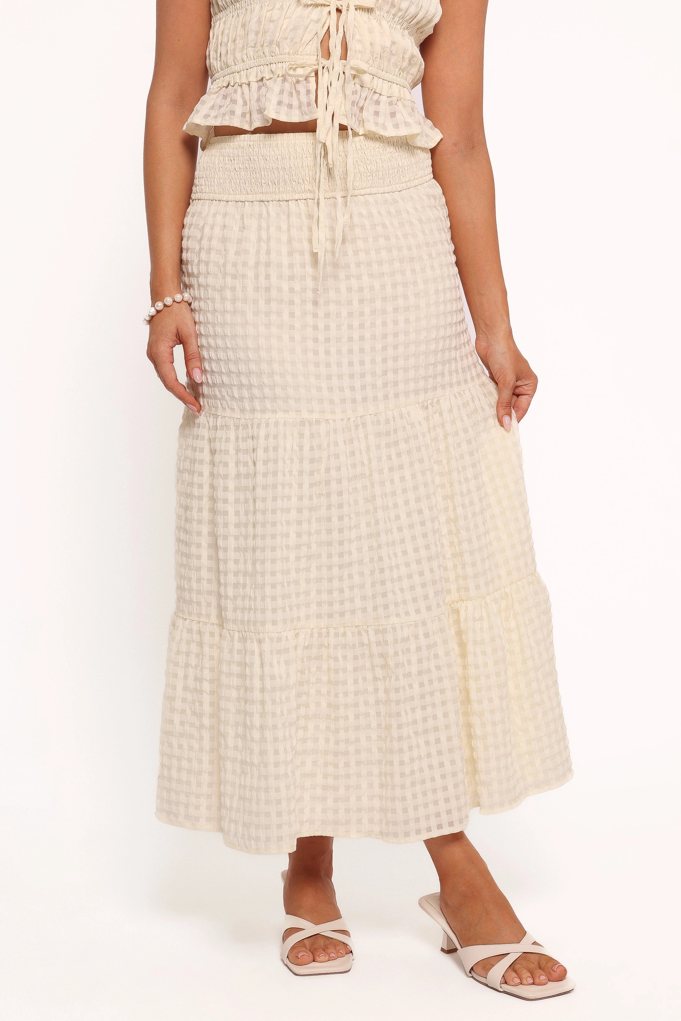 Farica Gingham Midi Skirt - Cream Tonal Look