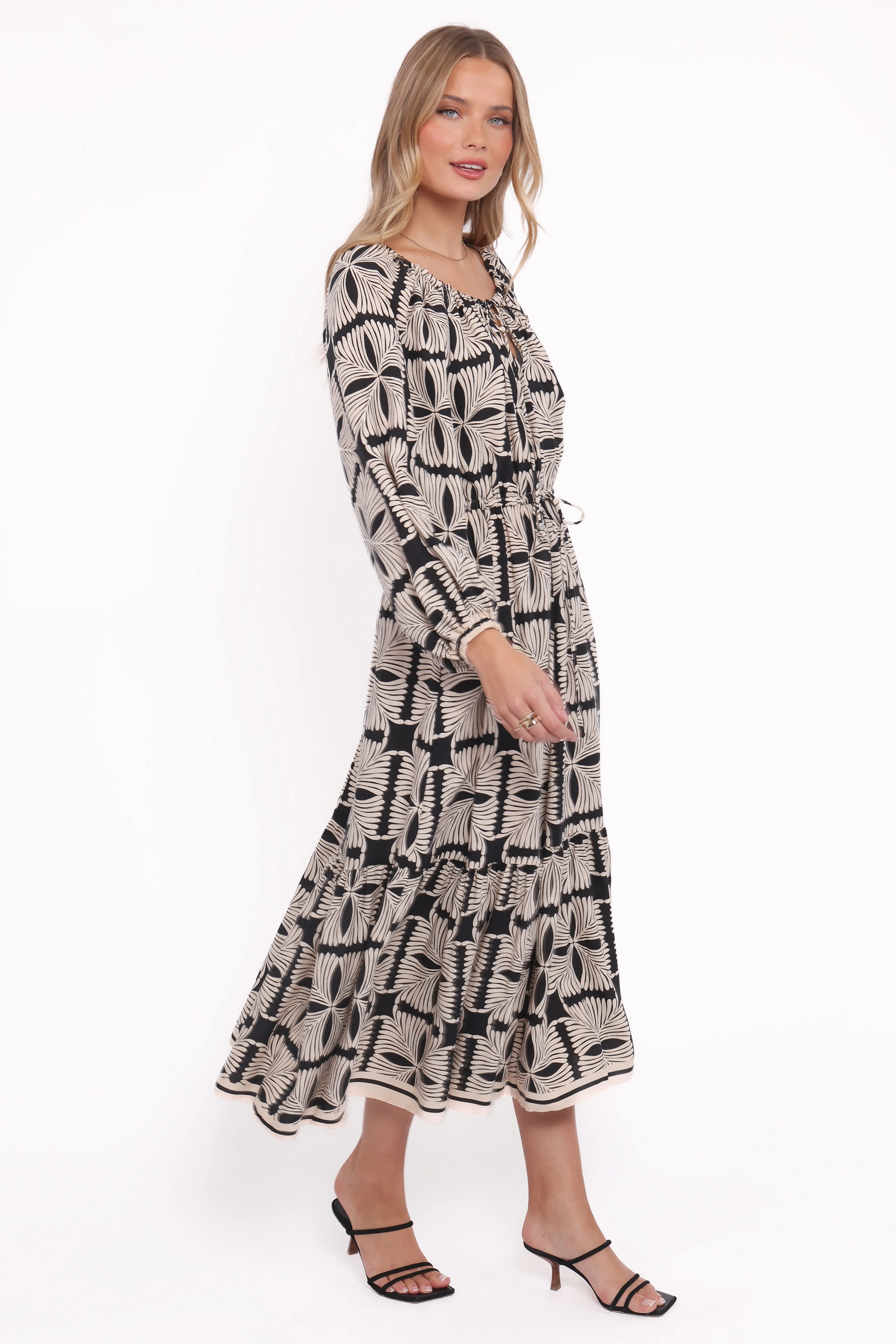 Faris Off Shoulder Midi Dress - Black Geo Quiet Glow Recycled-Material