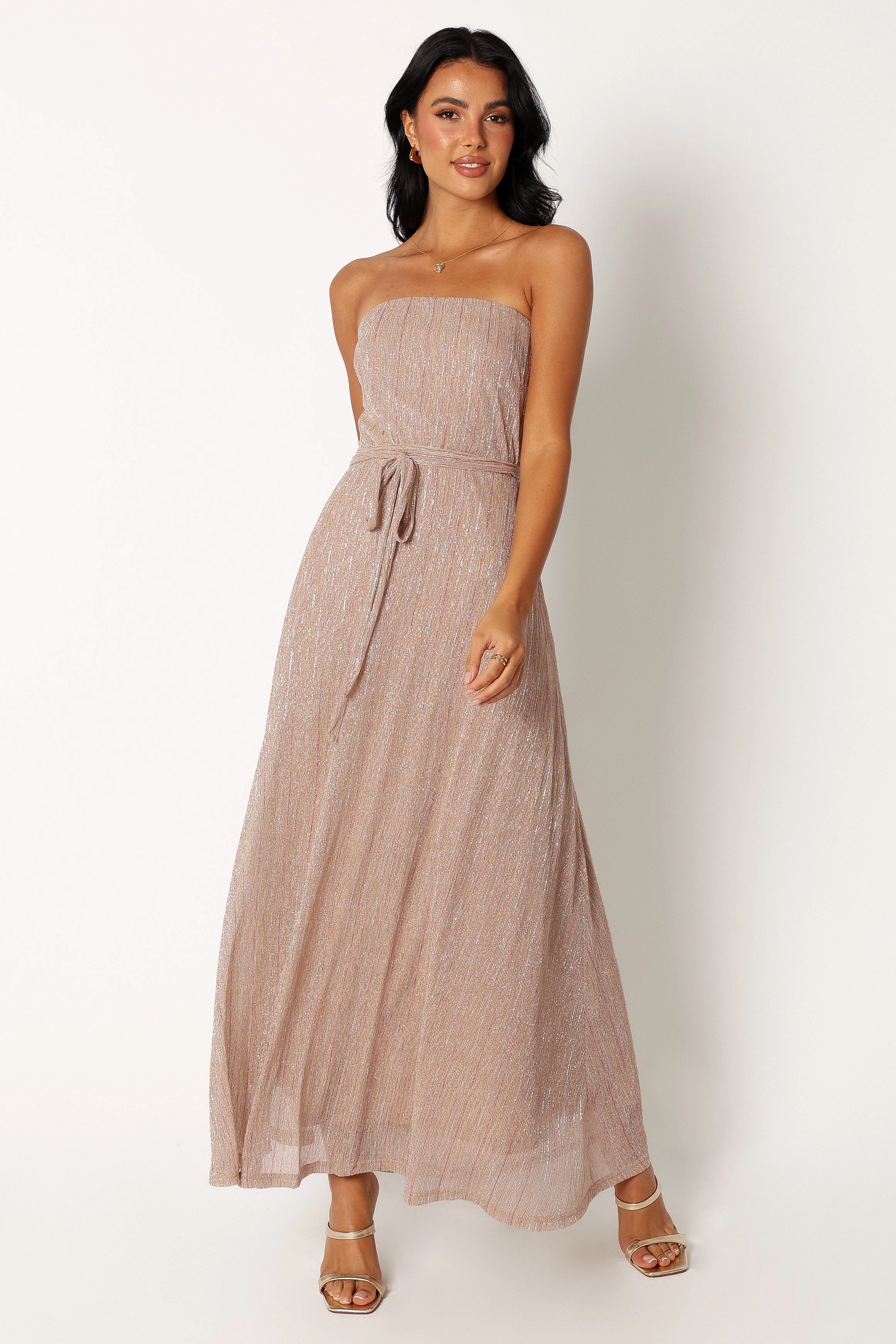 Farley Strapless Maxi Dress - Rose Gold Stripe Smooth Layering Flower Soft