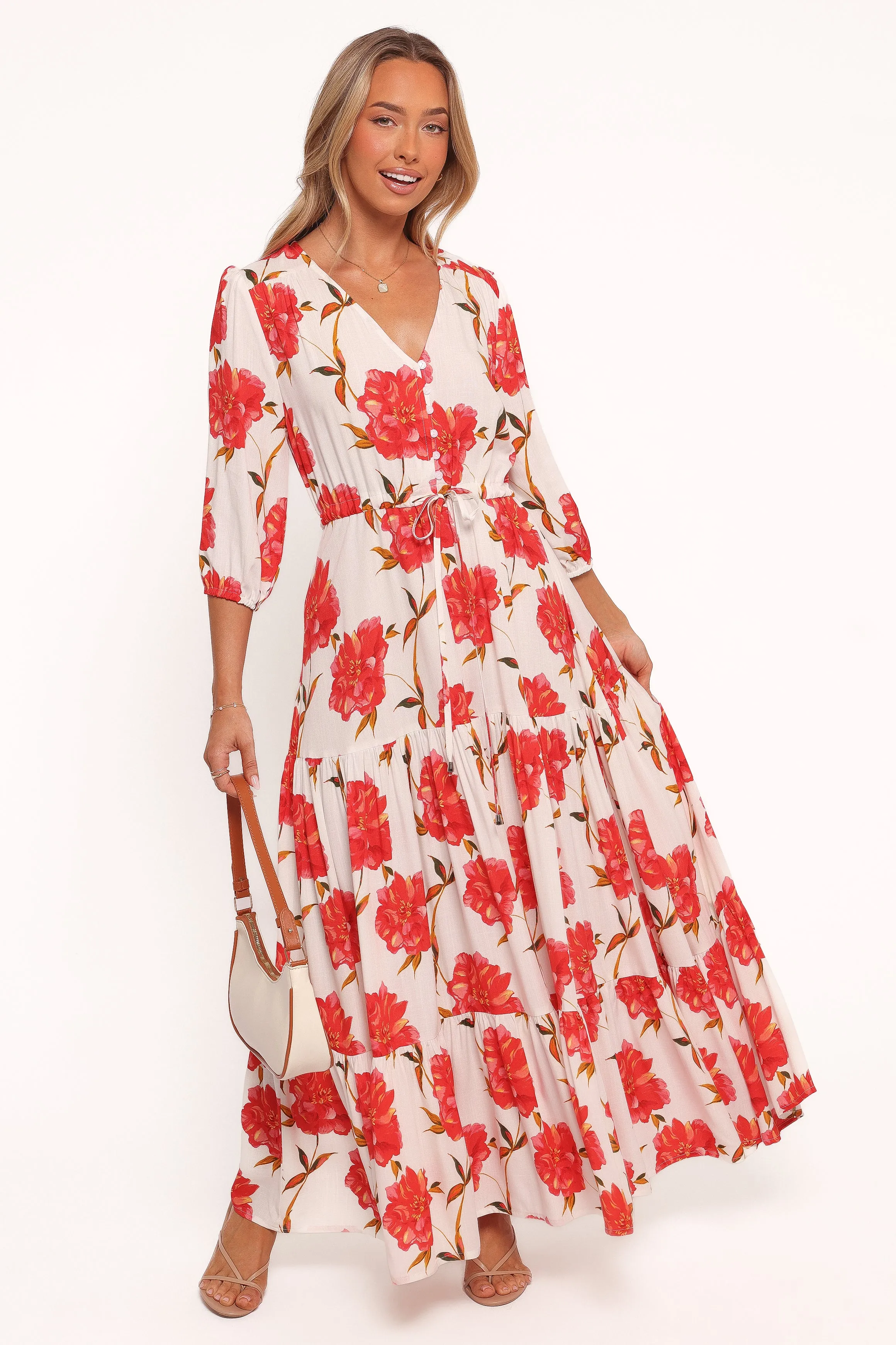 Kelda Dress - Red Floral Bare Arm Draped Fabric