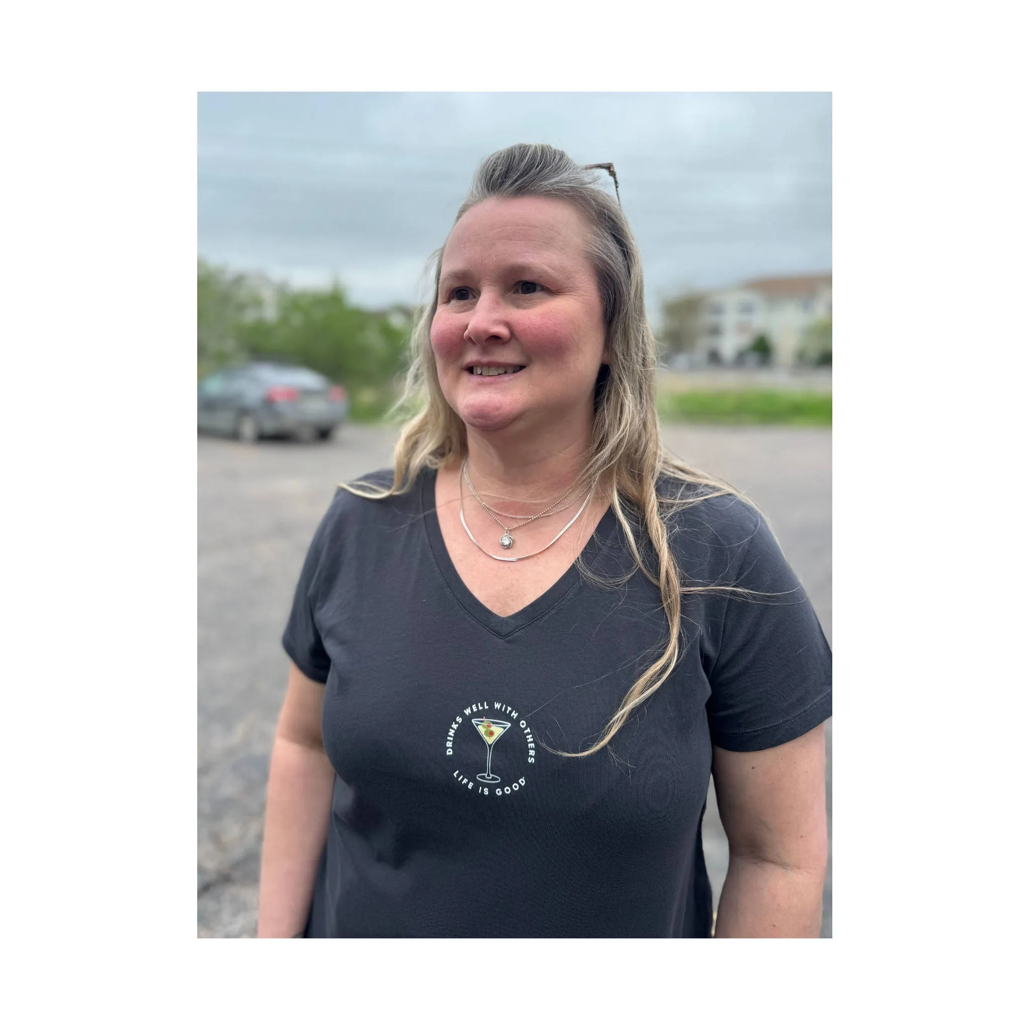 DoubleLayered Life Is Good Women's Drinks Well With Others Martini Short Sleeve Crusher Vee - Black