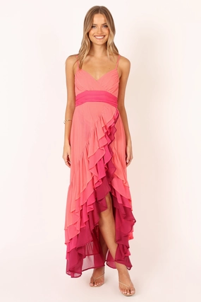 Chic Mom BomBon Tiered Maxi Dress - Coral Hot Pink