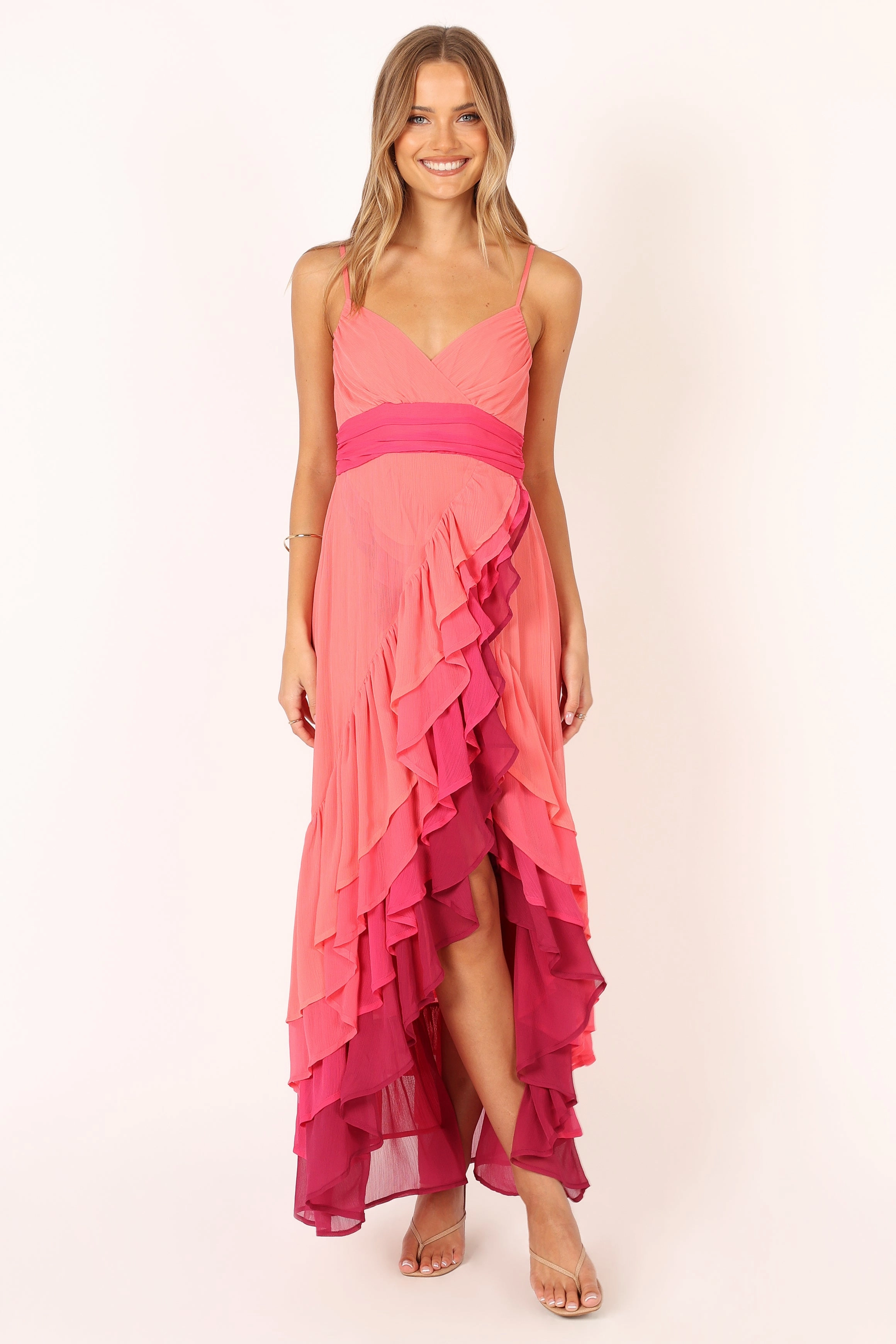 Chic Mom BomBon Tiered Maxi Dress - Coral Hot Pink