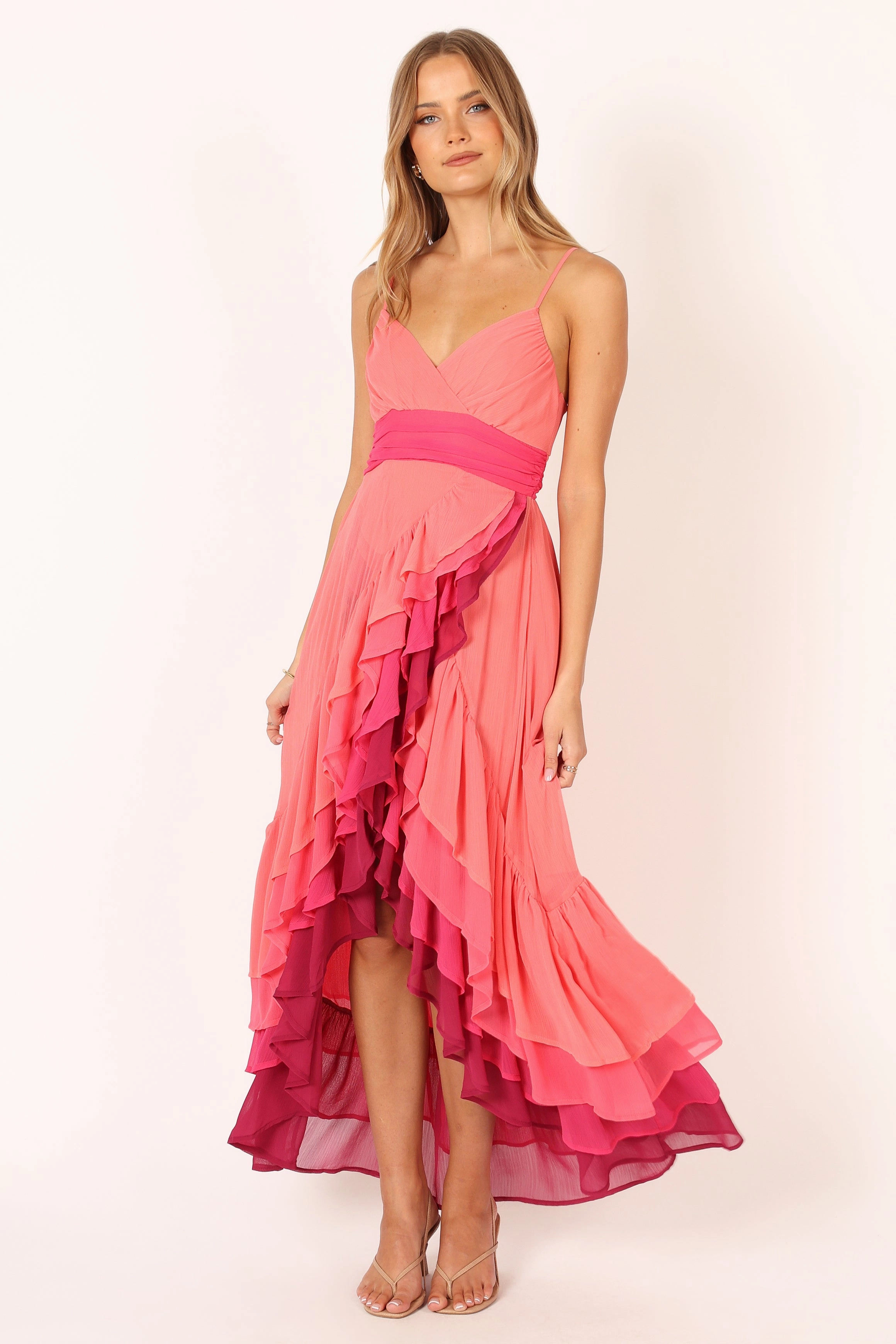BomBon Tiered Maxi Dress - Coral Hot Pink Event Perfect Light Bow