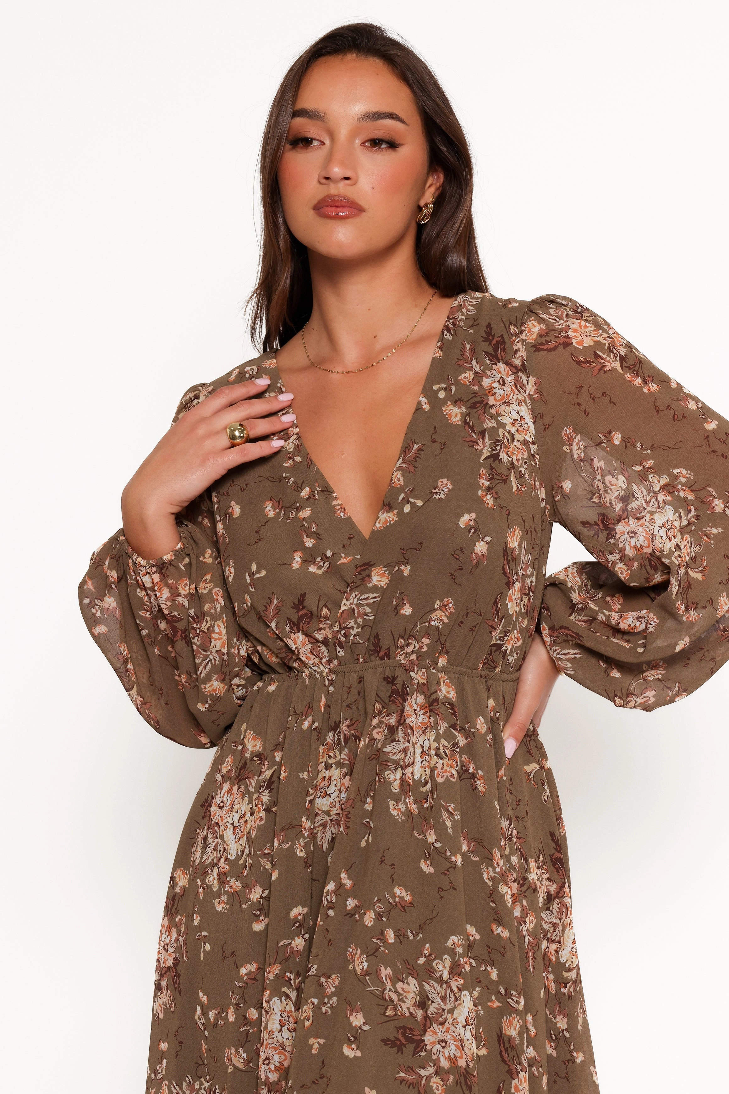 Polite Tone Night Appeal Anisa Maxi Dress - Olive Floral