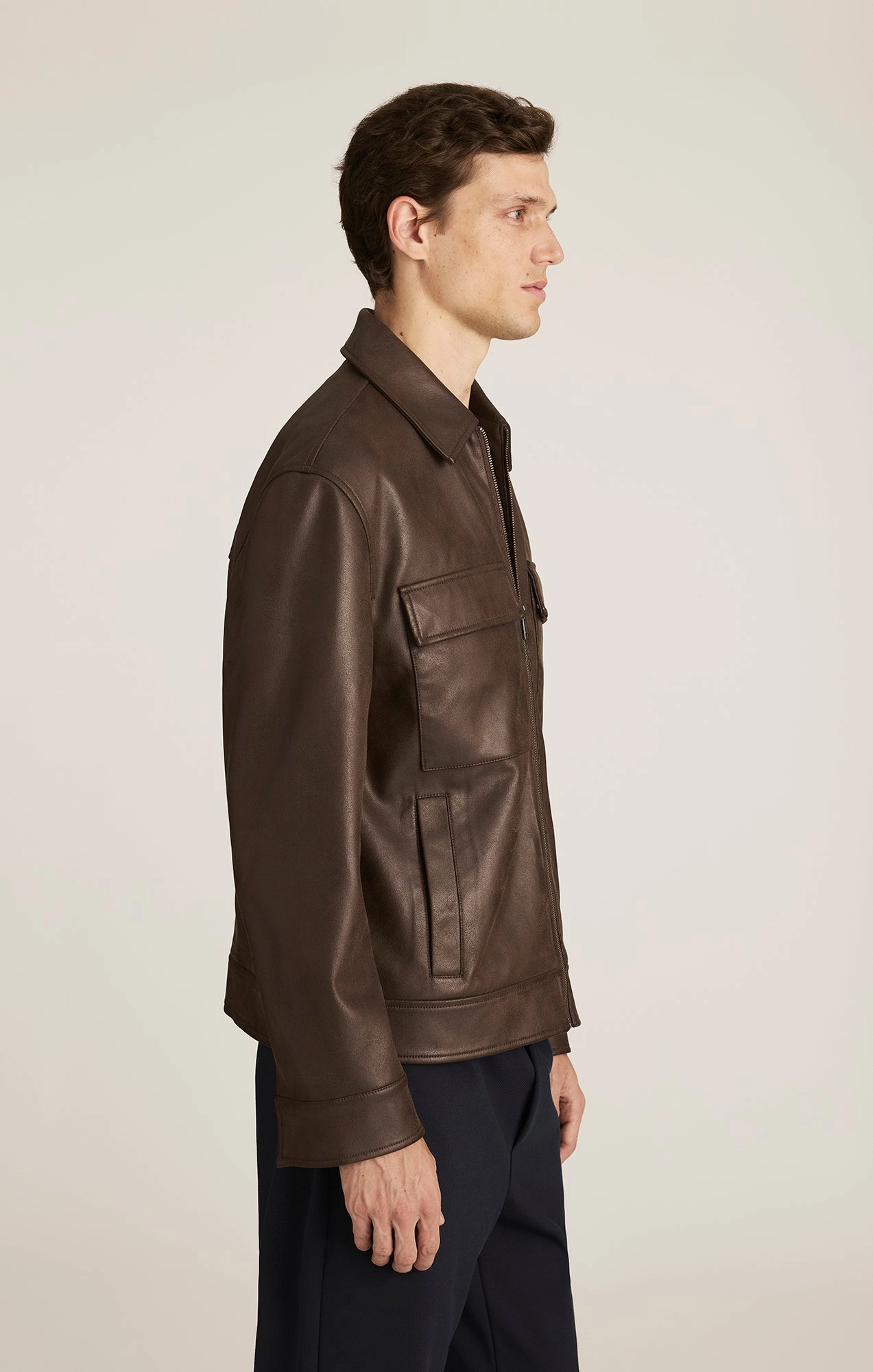 FAUX LEATHER HARRINGTON JACKET IN DEMITASSE QuickDryFinish All Day Wear
