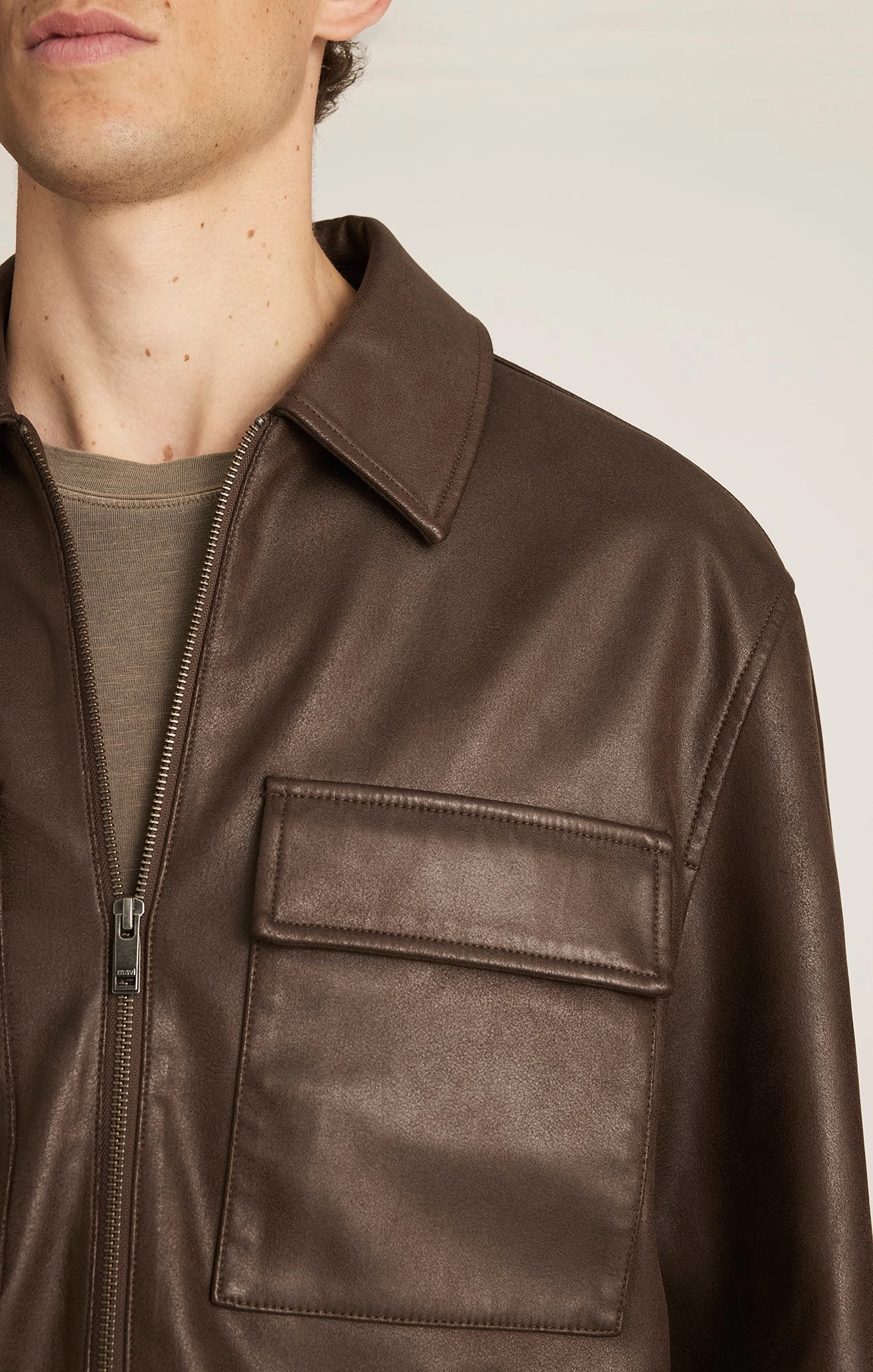 FAUX LEATHER HARRINGTON JACKET IN DEMITASSE Durable zipper pull Climate Adaptive Design