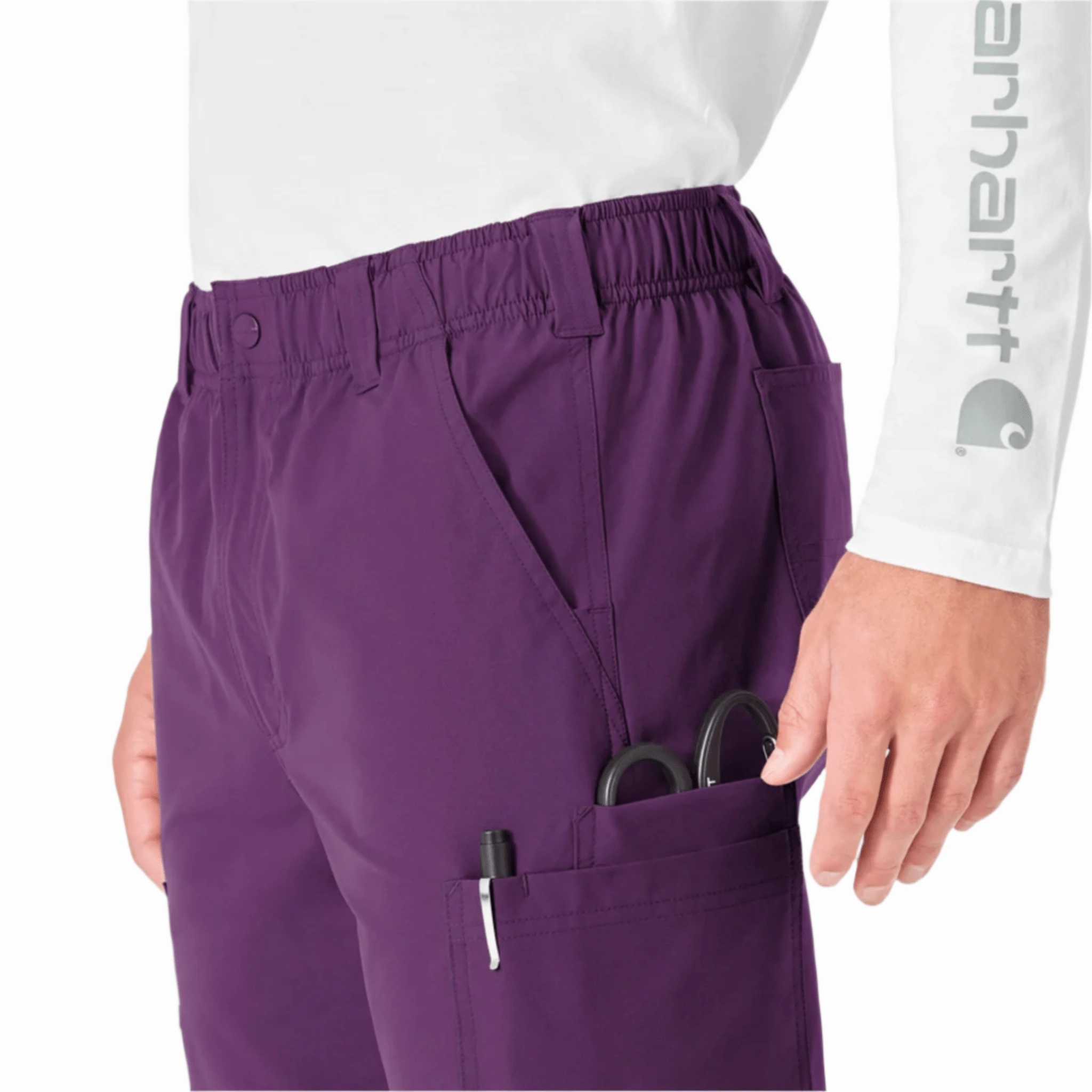 Smooth zipper closure Stain Repellent Coating Carhartt Men's Force Essentials Straight Leg Cargo Scrub Pant - Eggplant