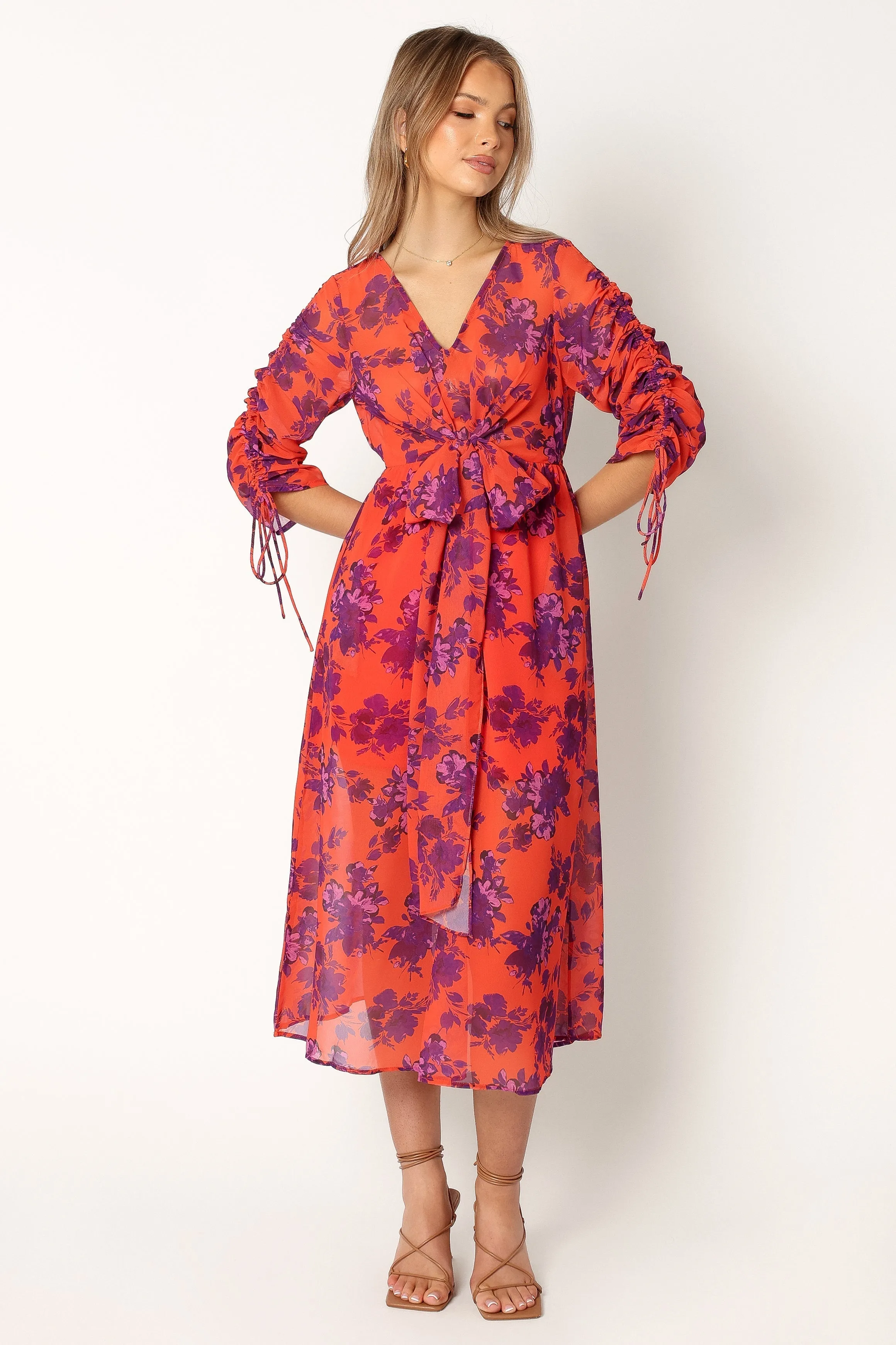 Padded-Bust City-Style Hallie Midi Floral Dress - Red Wine