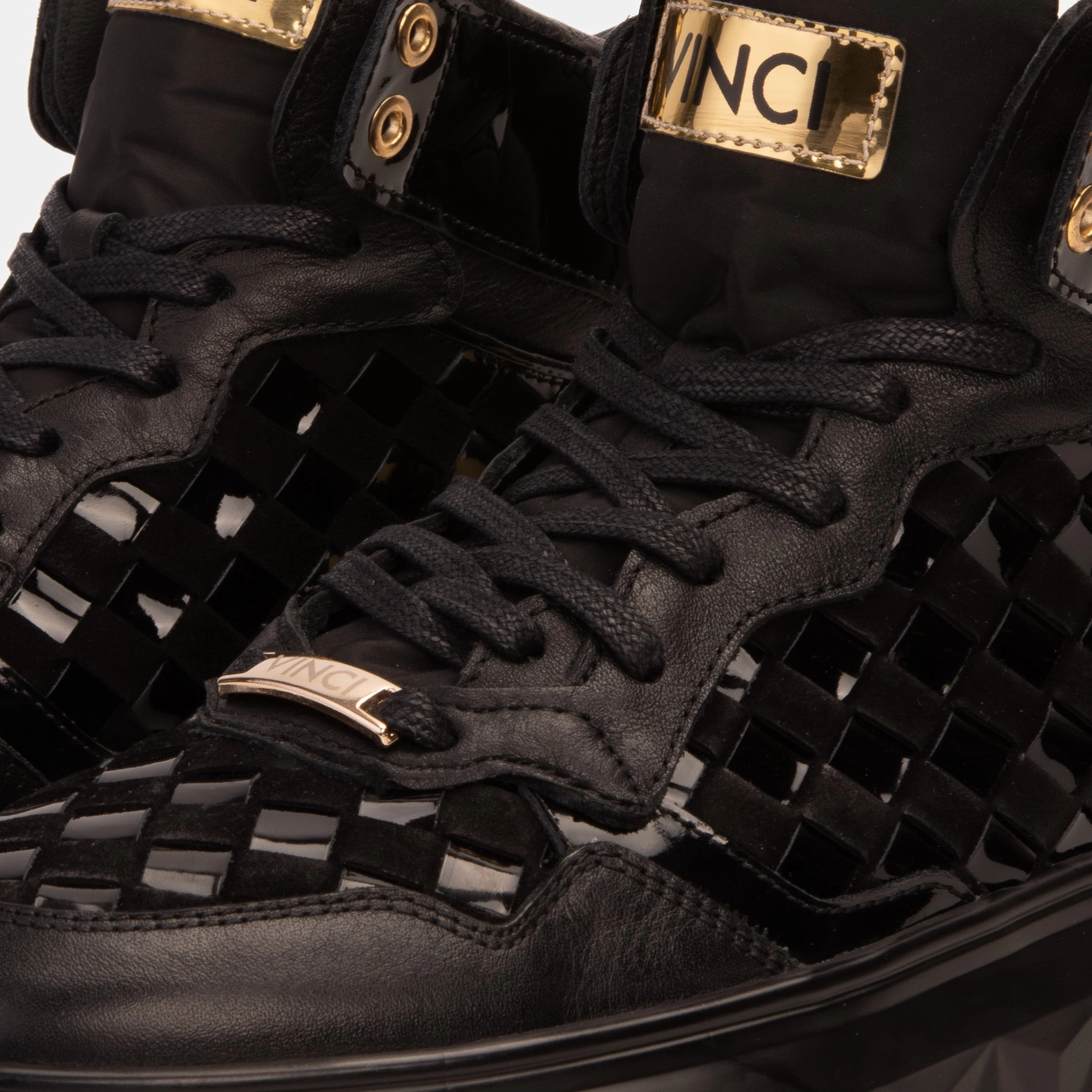 Dual Density The Eugene Black & Gold Woven Leather High-Top Men Sneaker