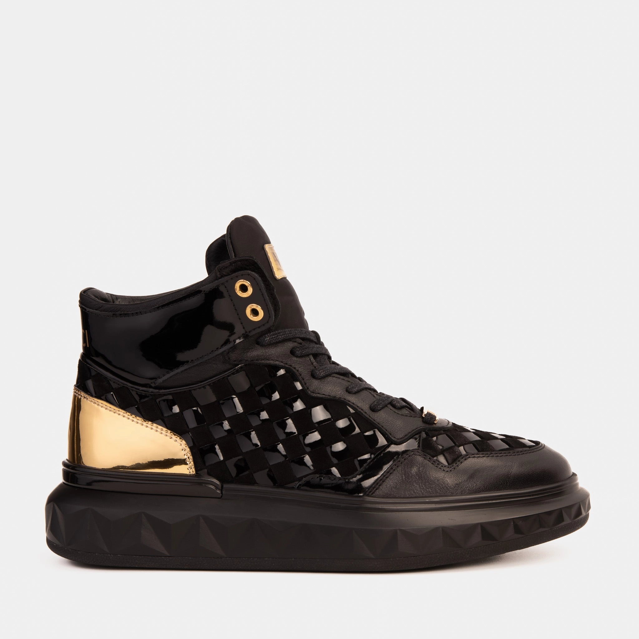Collapsible Impact Resistant Midsole The Eugene Black & Gold Woven Leather High-Top Men Sneaker