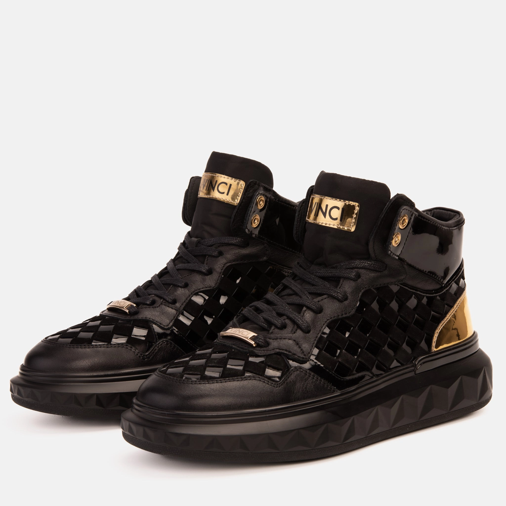 The Eugene Black & Gold Woven Leather High-Top Men Sneaker Plush Sole Stability Enhancing Structure