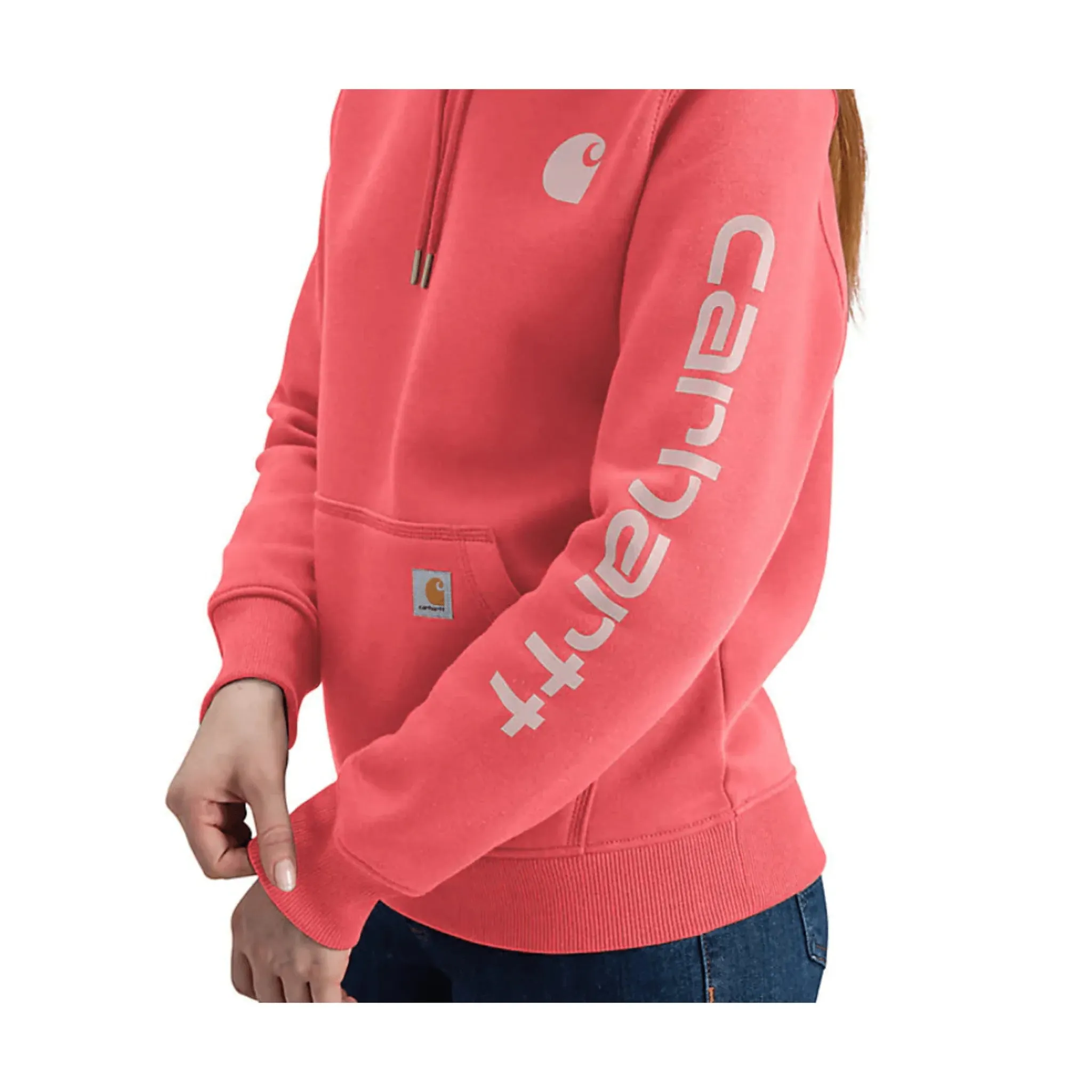 Lightweight Comfort Fashionable Vibes Carhartt Women's Relaxed Fit Midweight Logo Sleeve Graphic Sweatshirt - Pink Salmon Heather