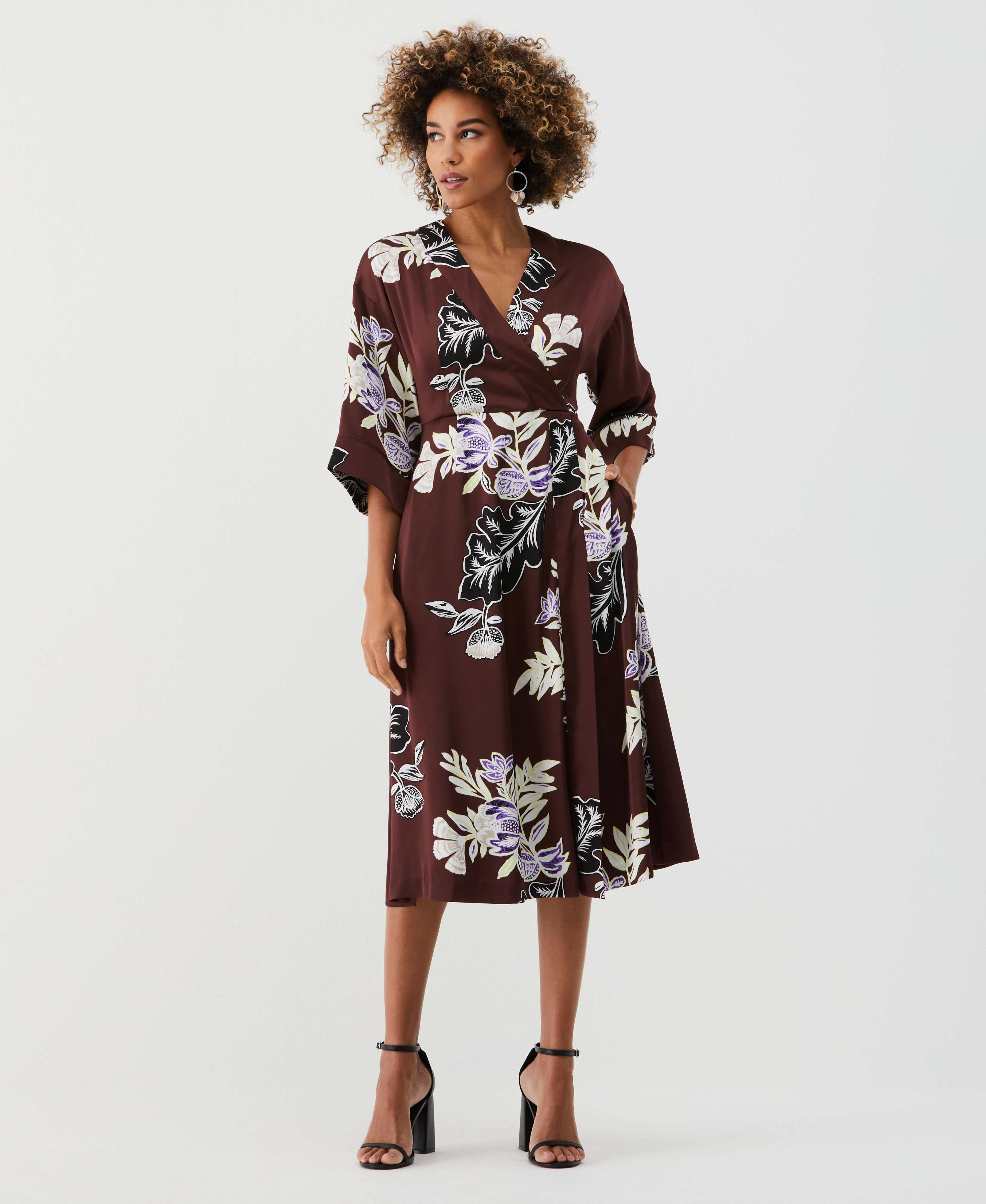 Floral Print Faux Wrap Midi Dress Nature Inspired Bohemian-Style