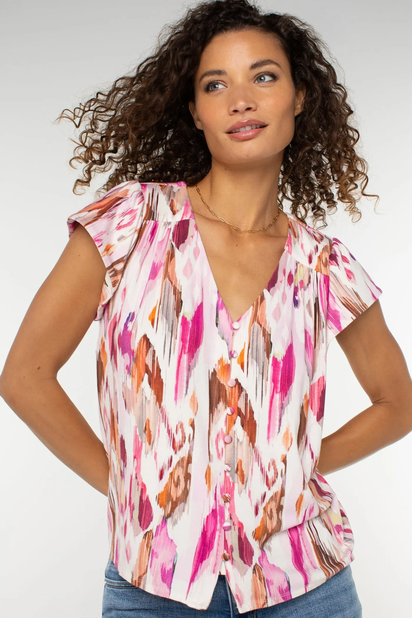 Tight Fit Anti Static Treatment Flutter Sleeve Button Front Knit Top | Pink Print Beach and sunny