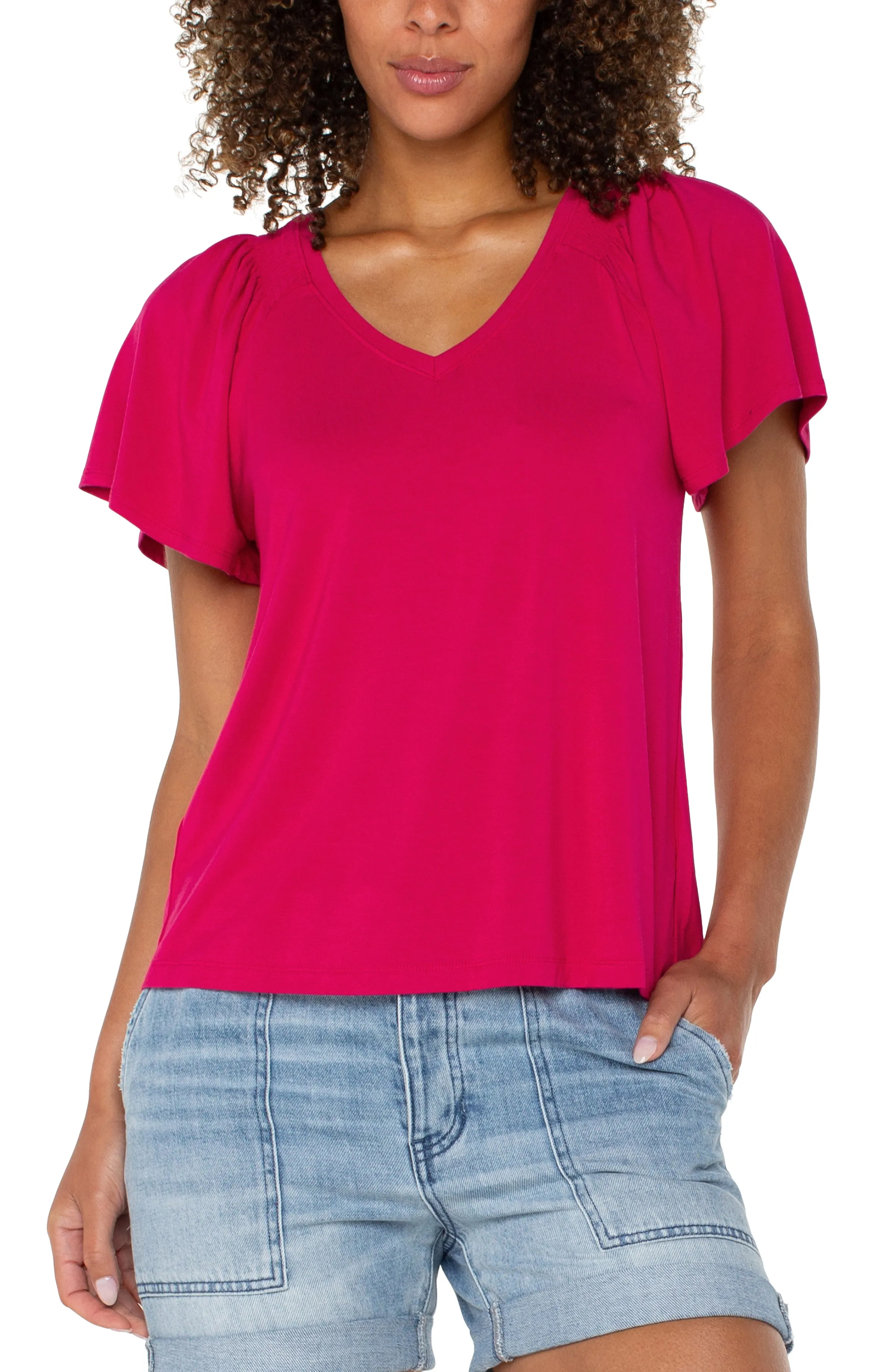Flutter Sleeve Knit Top | Black, Cerise Reinforced Neckline Layered Look Wear Quick Dry Performance