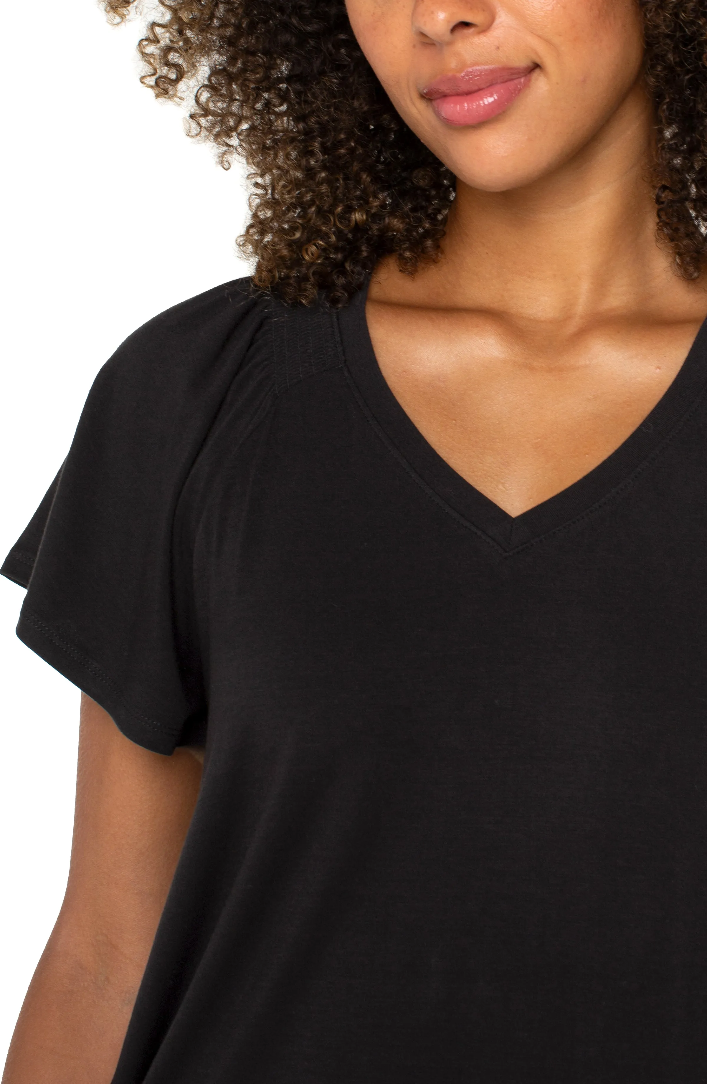 Durable Wear FadeResistantPrint Flutter Sleeve Knit Top | Black, Cerise Reinforced Neckline