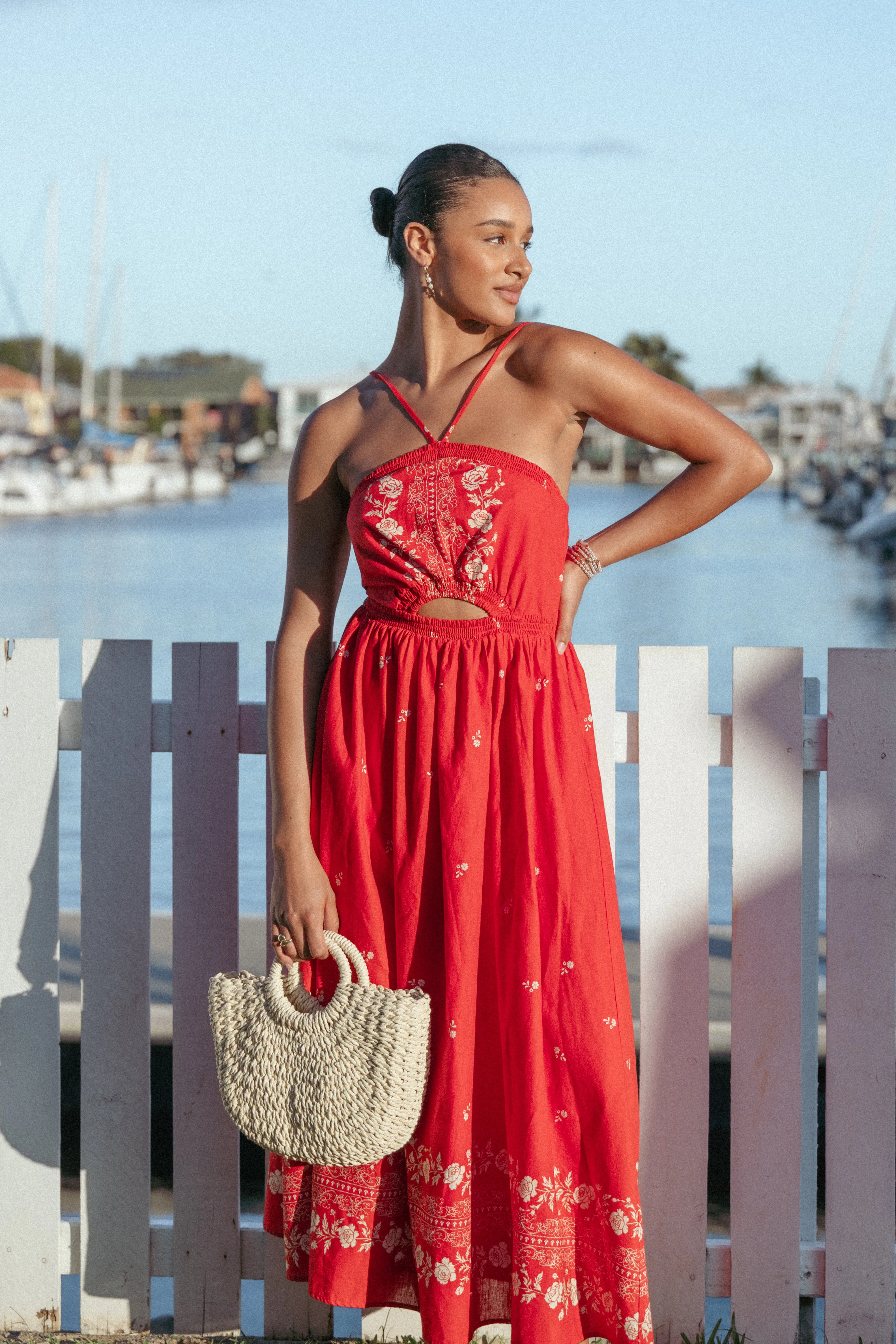 Madi Maxi Dress - Red Floral Bandana Cool Texture Evening Vibe