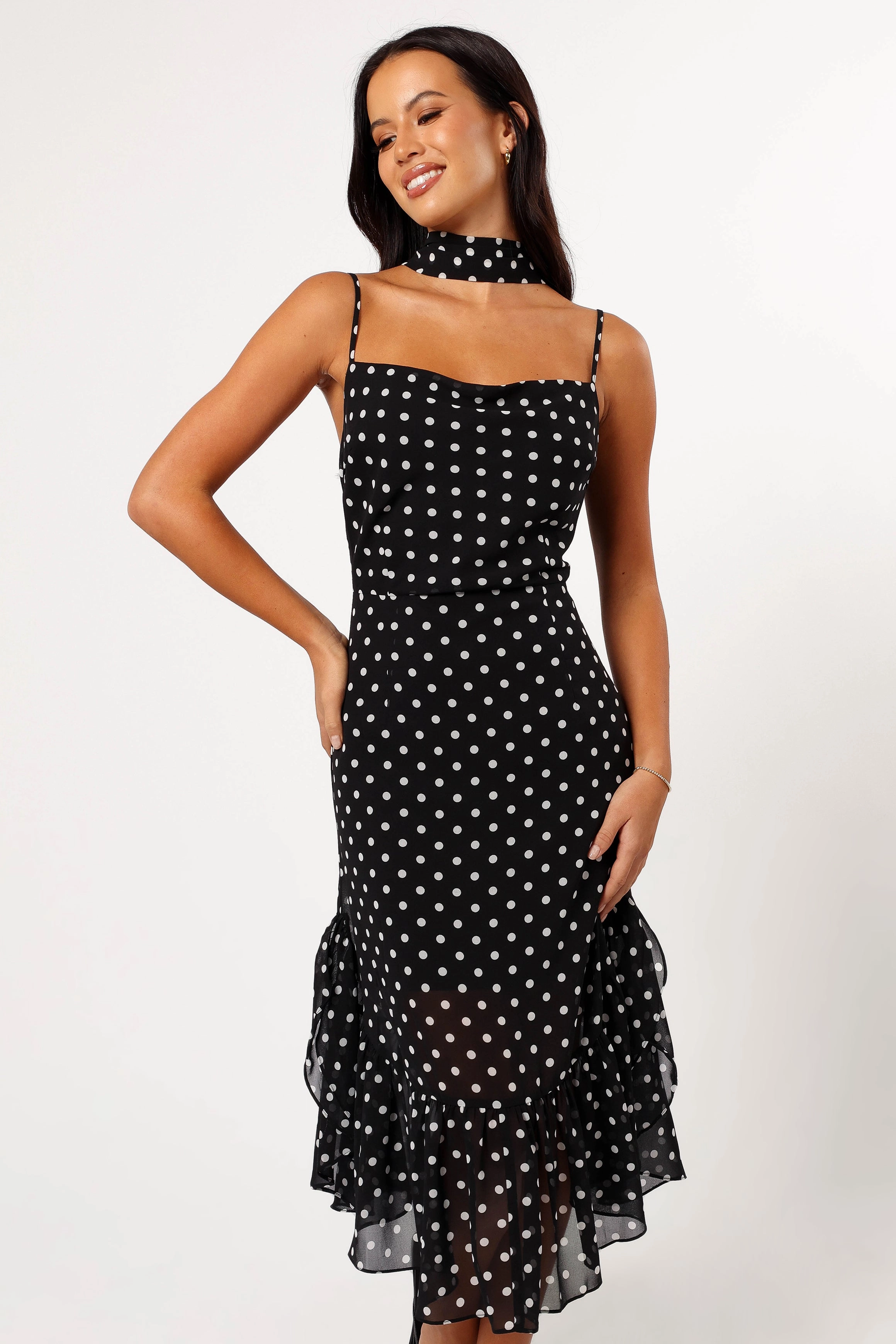 Francesca Midi Dress - Black Polka Dot Frayed-Edge