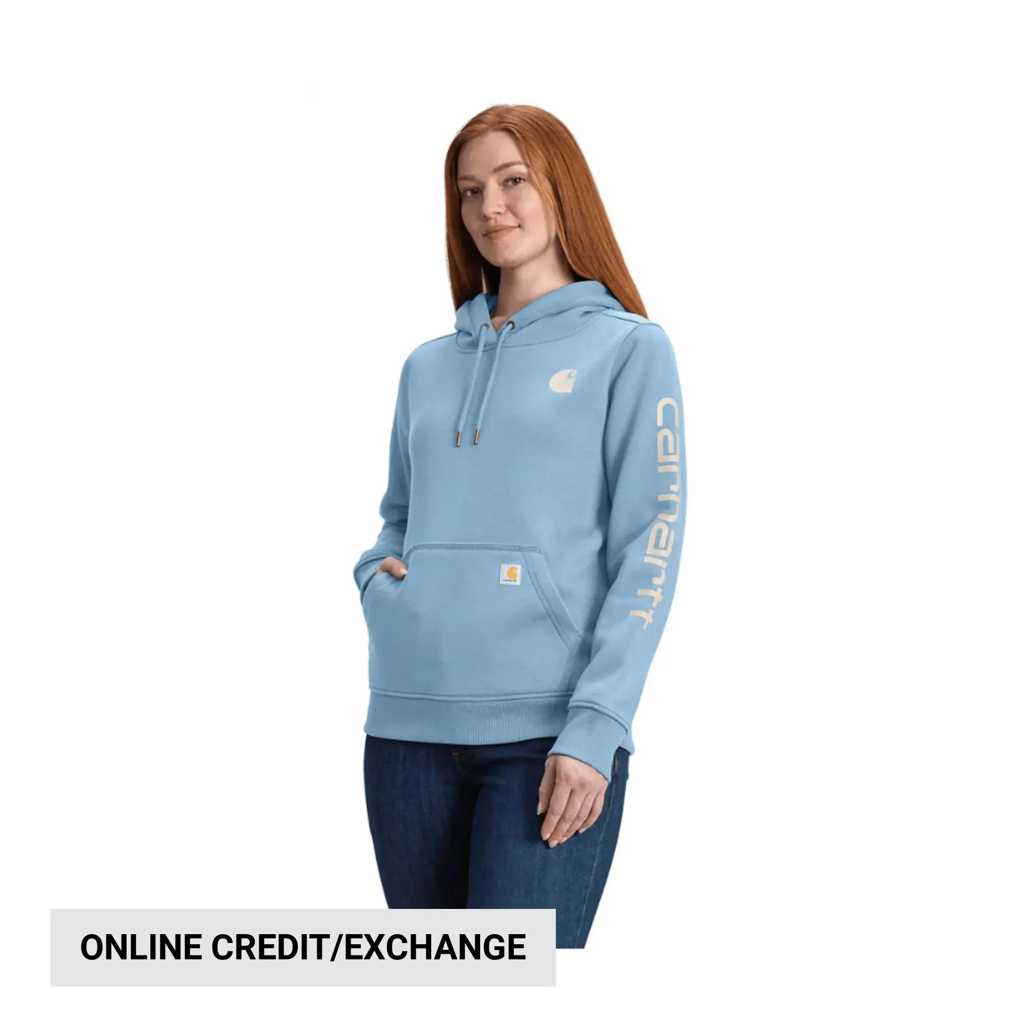 Concert Look Carhartt Women's Relaxed Fit Midweight Logo Sleeve Graphic Sweatshirt - Summer Sky Blue Heather