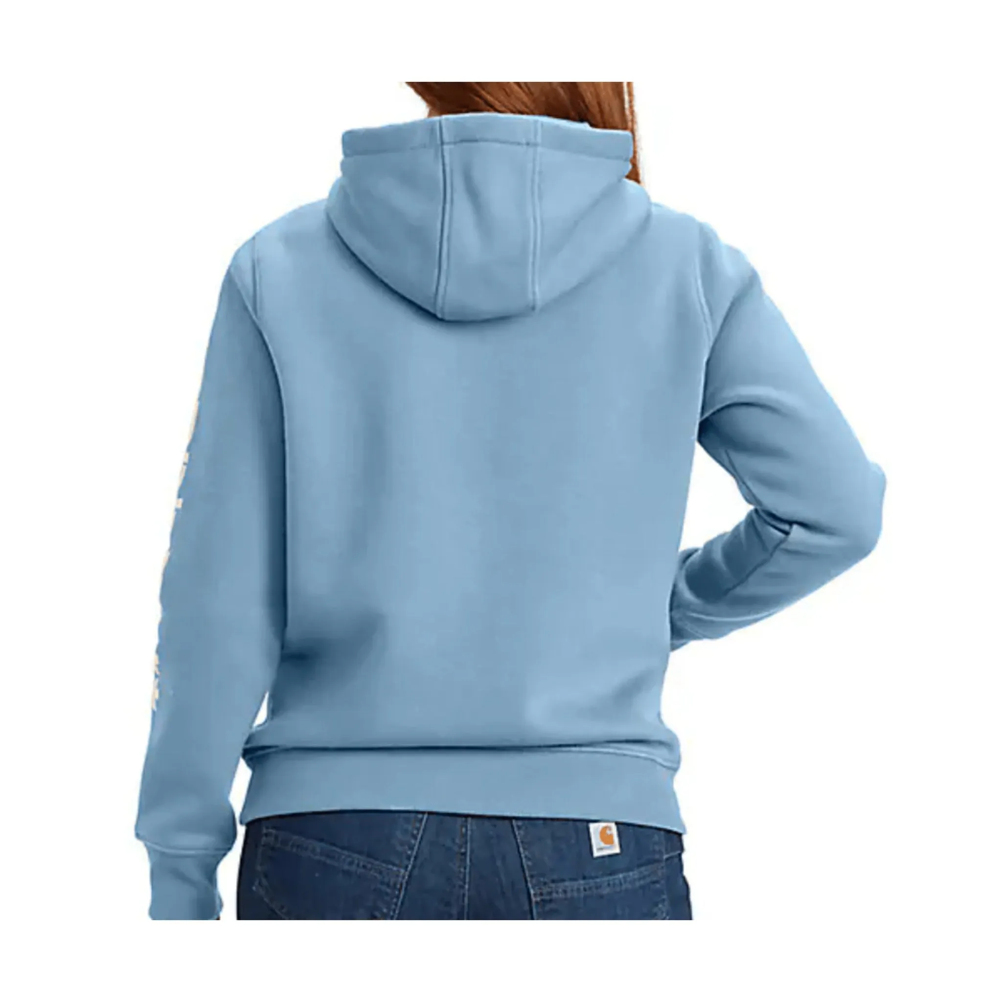 Carhartt Women's Relaxed Fit Midweight Logo Sleeve Graphic Sweatshirt - Summer Sky Blue Heather Brand Reputation