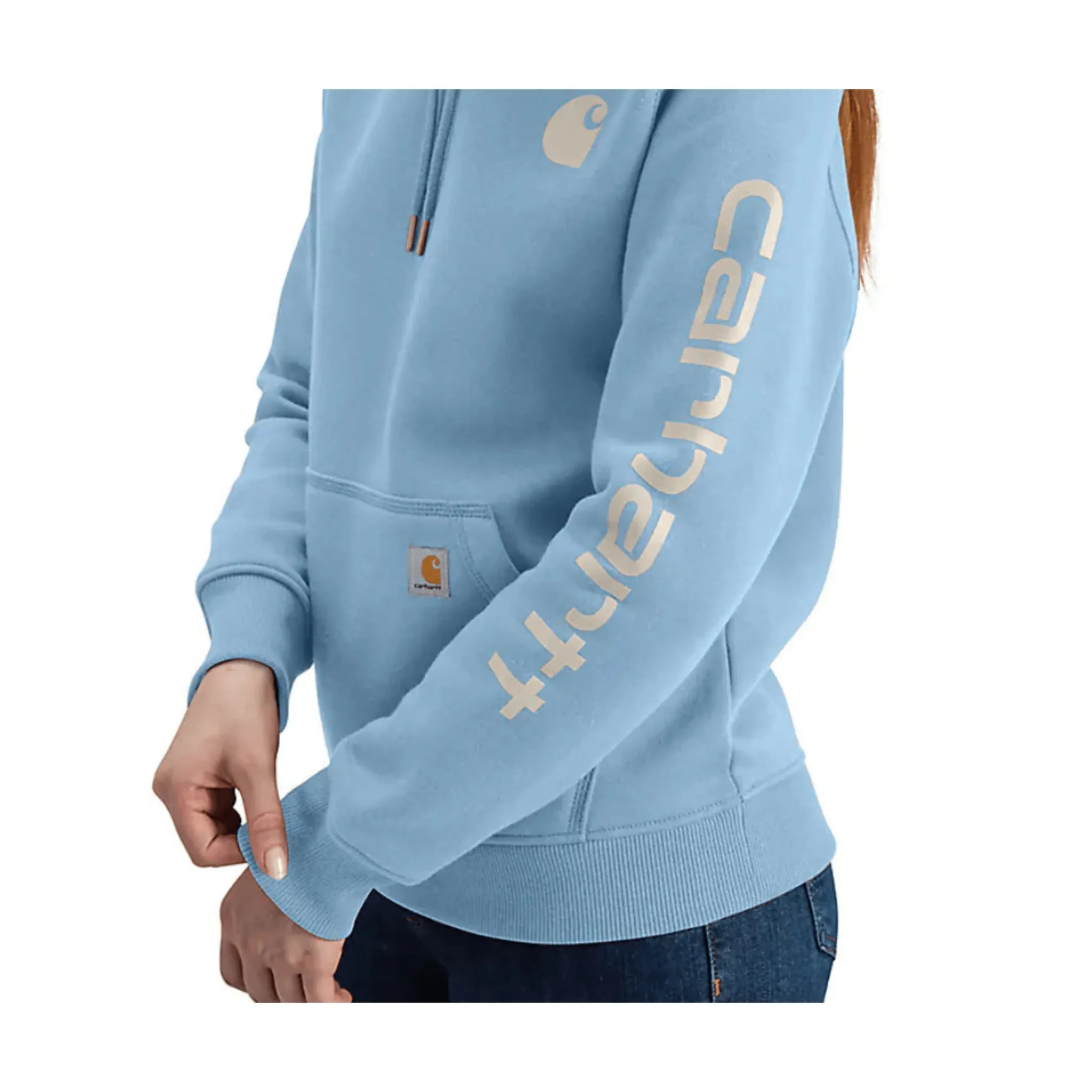 Carhartt Women's Relaxed Fit Midweight Logo Sleeve Graphic Sweatshirt - Summer Sky Blue Heather Urban Trend