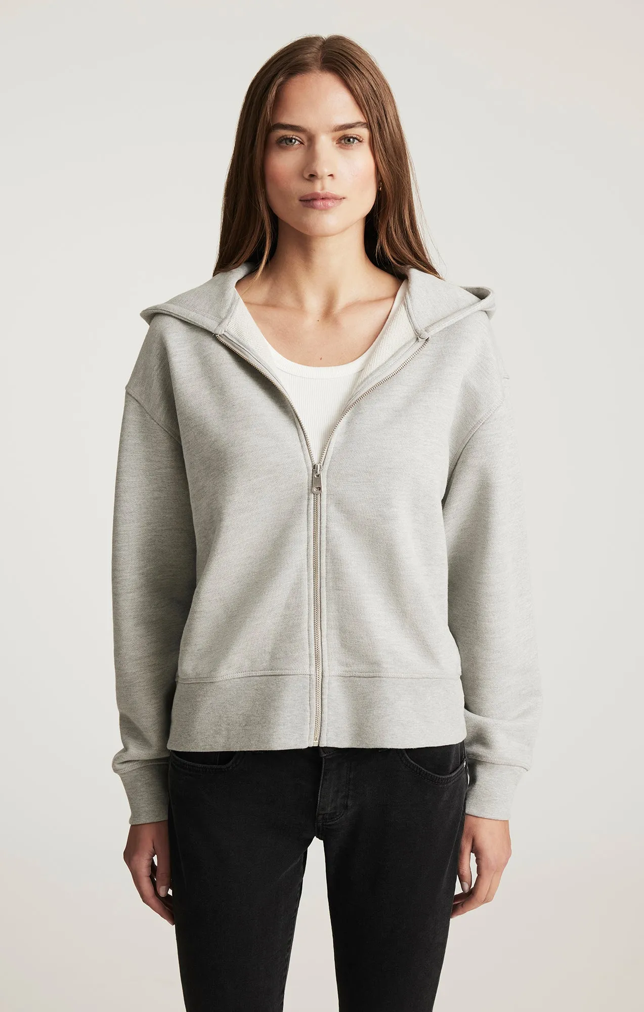 snap buttoned FULL ZIP HOODIE IN GREY MELANGE