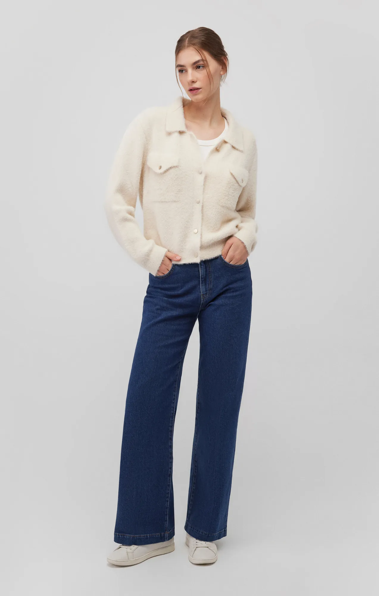 product office appropriate professionalism Urban Fit BUTTON CARDIGAN IN ANTIQUE WHITE