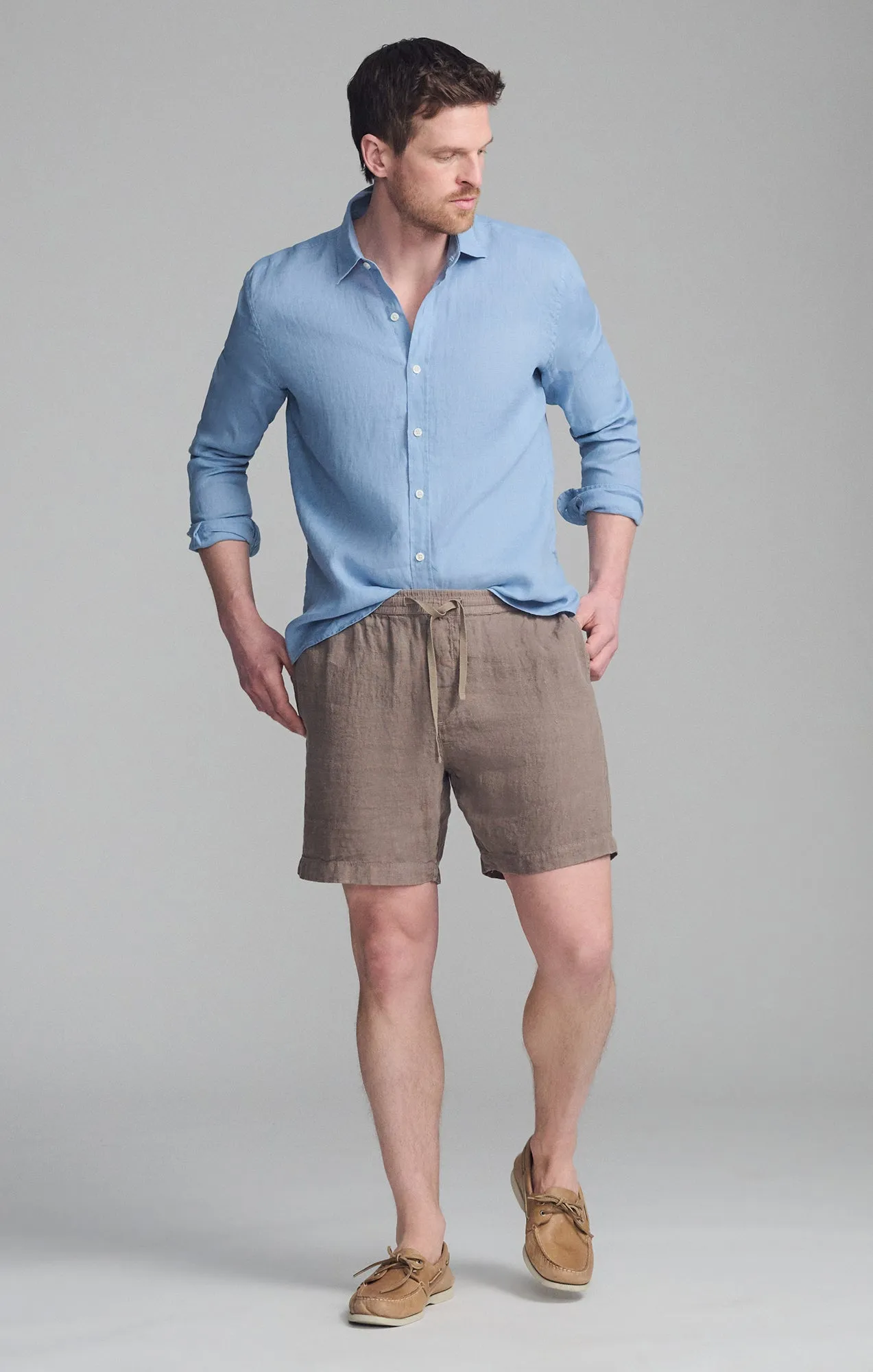 Sustainable Dye Process Travel Friendly LINEN LONG SLEEVE BUTTON-UP SHIRT IN FADED DENIM