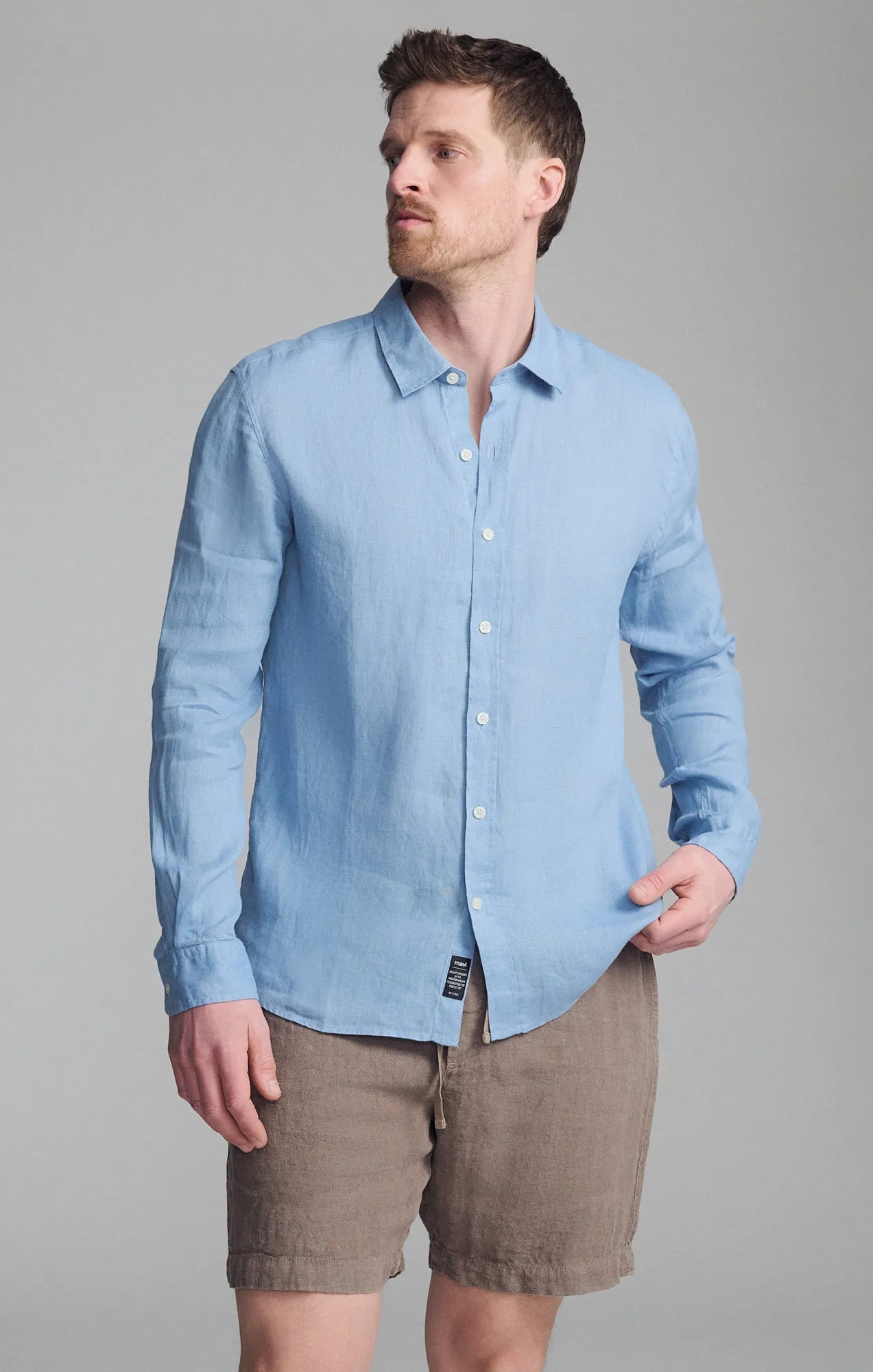 Teen Fashion LINEN LONG SLEEVE BUTTON-UP SHIRT IN FADED DENIM