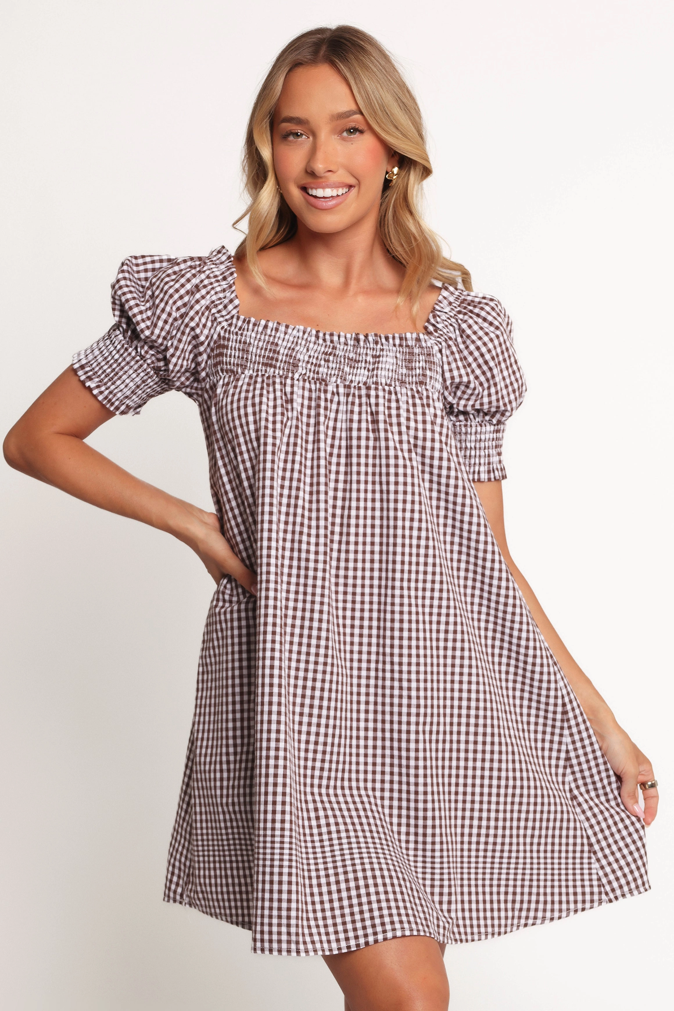 Chilly Day Wear Puff-Sleeve Kennedy Smock Mini Dress - Chocolate Gingham