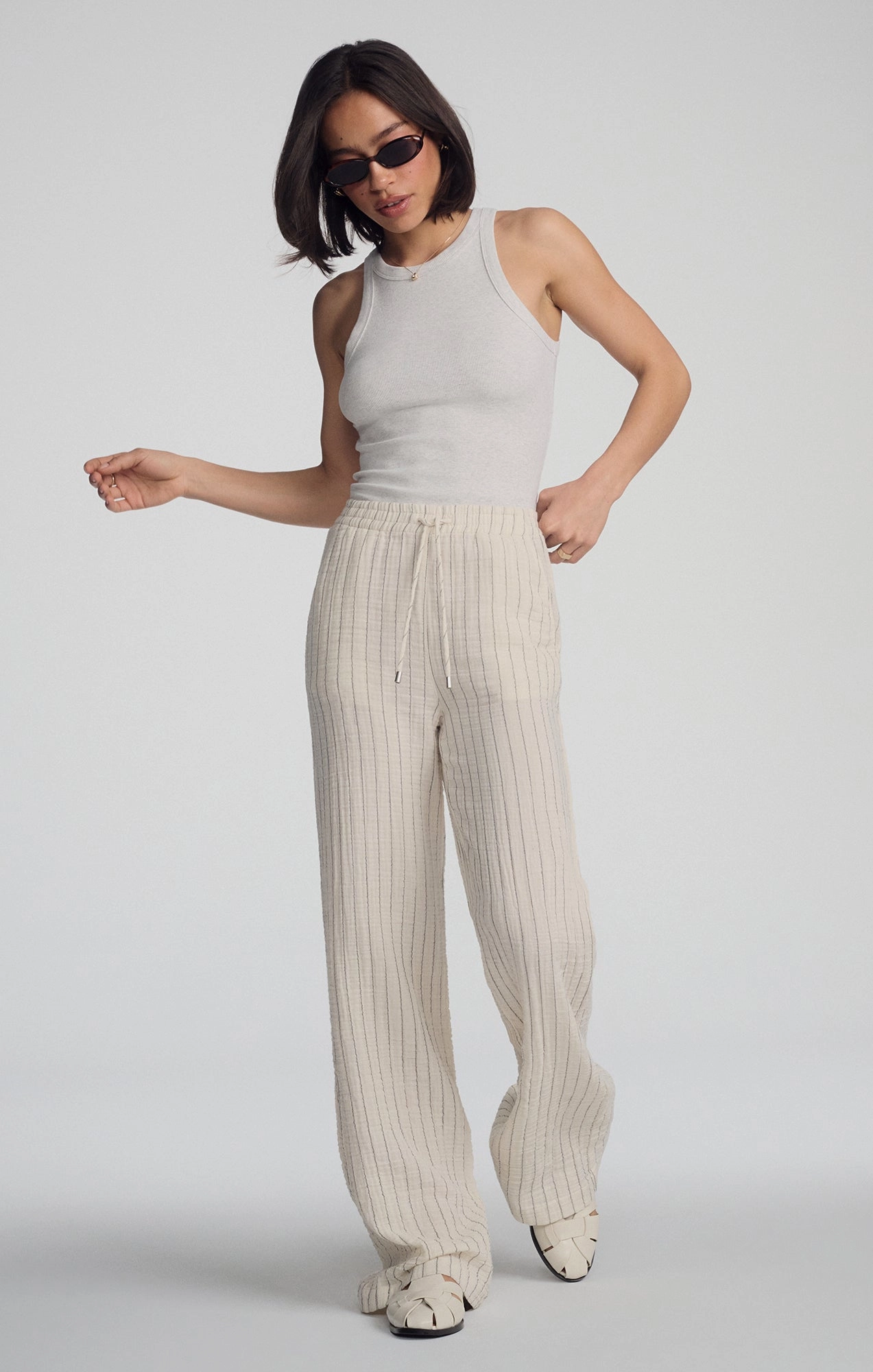 Recycled Polyester Blend Body-Hugging Fit GAUZE PANTS IN GREY STRIPE