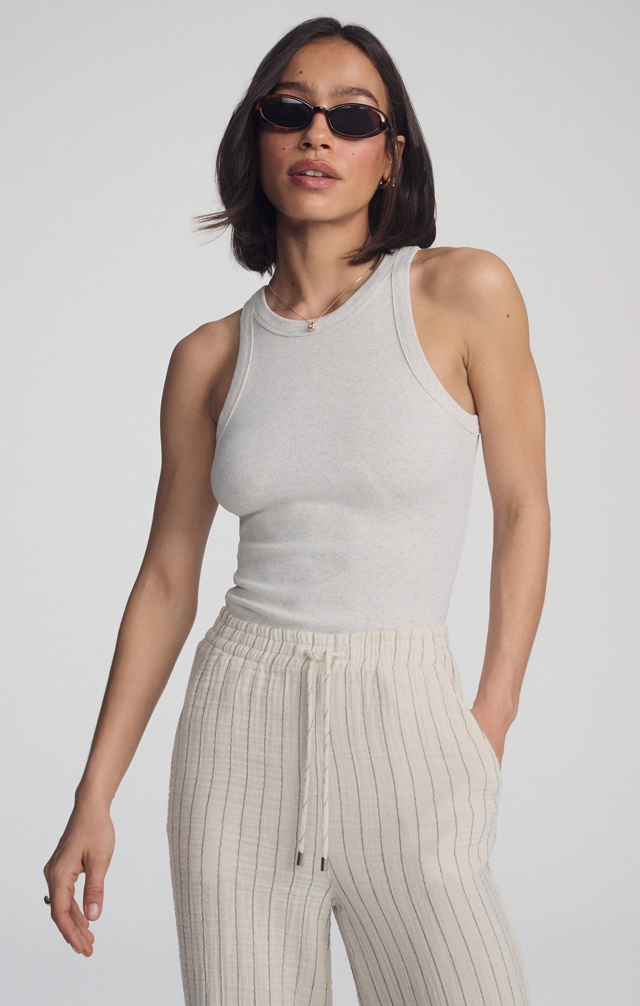 Seasonal Wear Stretch waistband GAUZE PANTS IN GREY STRIPE