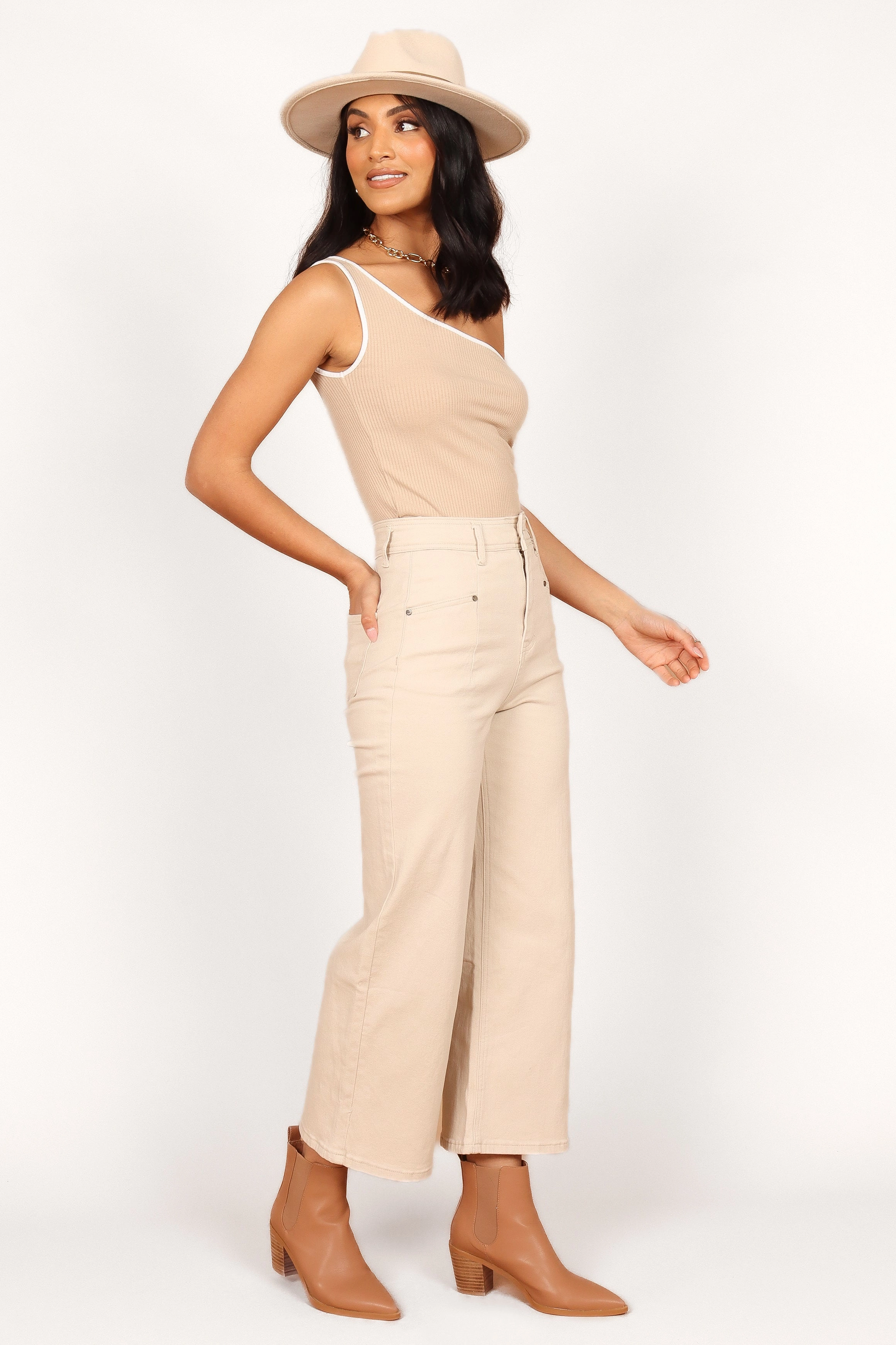 Georgette High Waisted Straight Leg Pants - Beige FourWayStretch