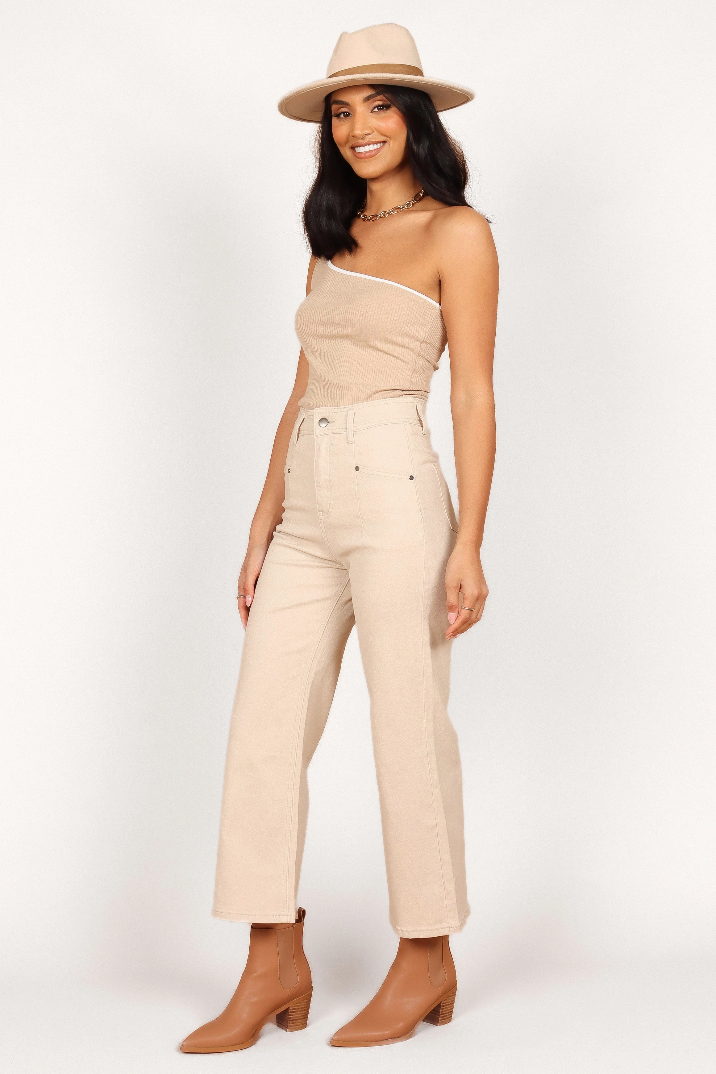 Georgette High Waisted Straight Leg Pants - Beige Secure Cuff Design Active Comfort