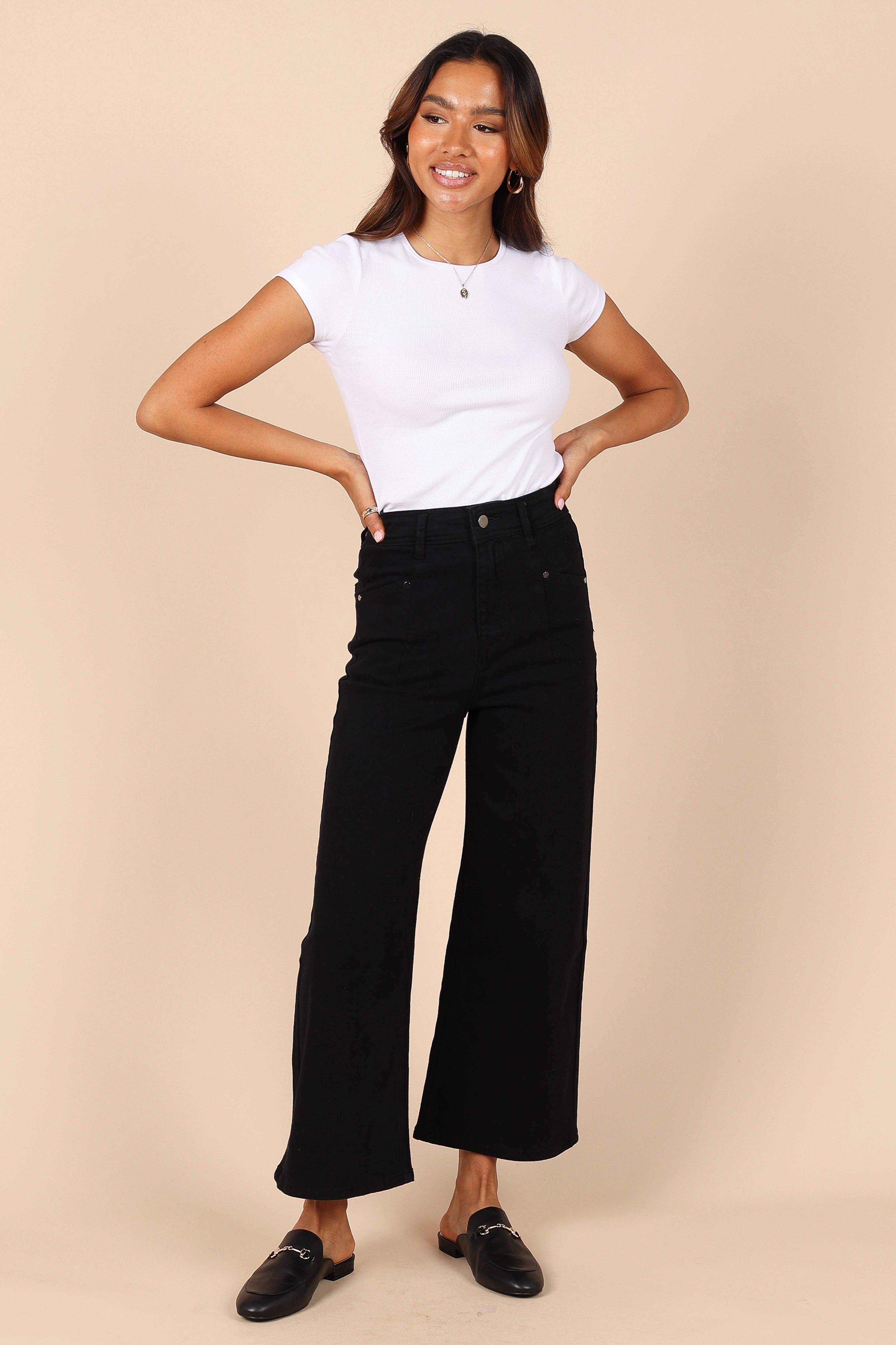 Breathable mesh design ReinforcedPockets Georgette High Waisted Straight Leg Pants - Black