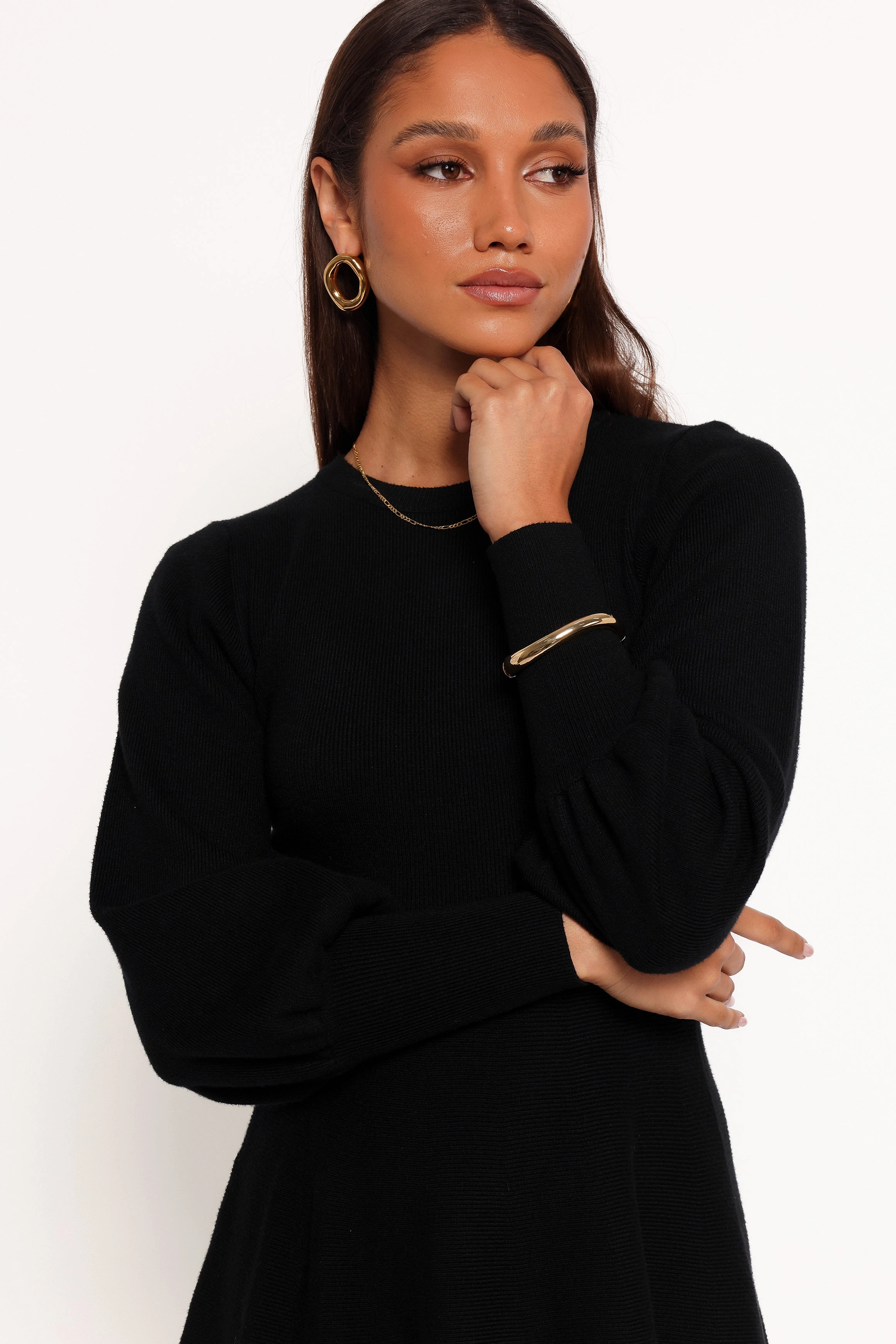 Gigi Long Sleeve Mini Dress - Black Snap-Closure