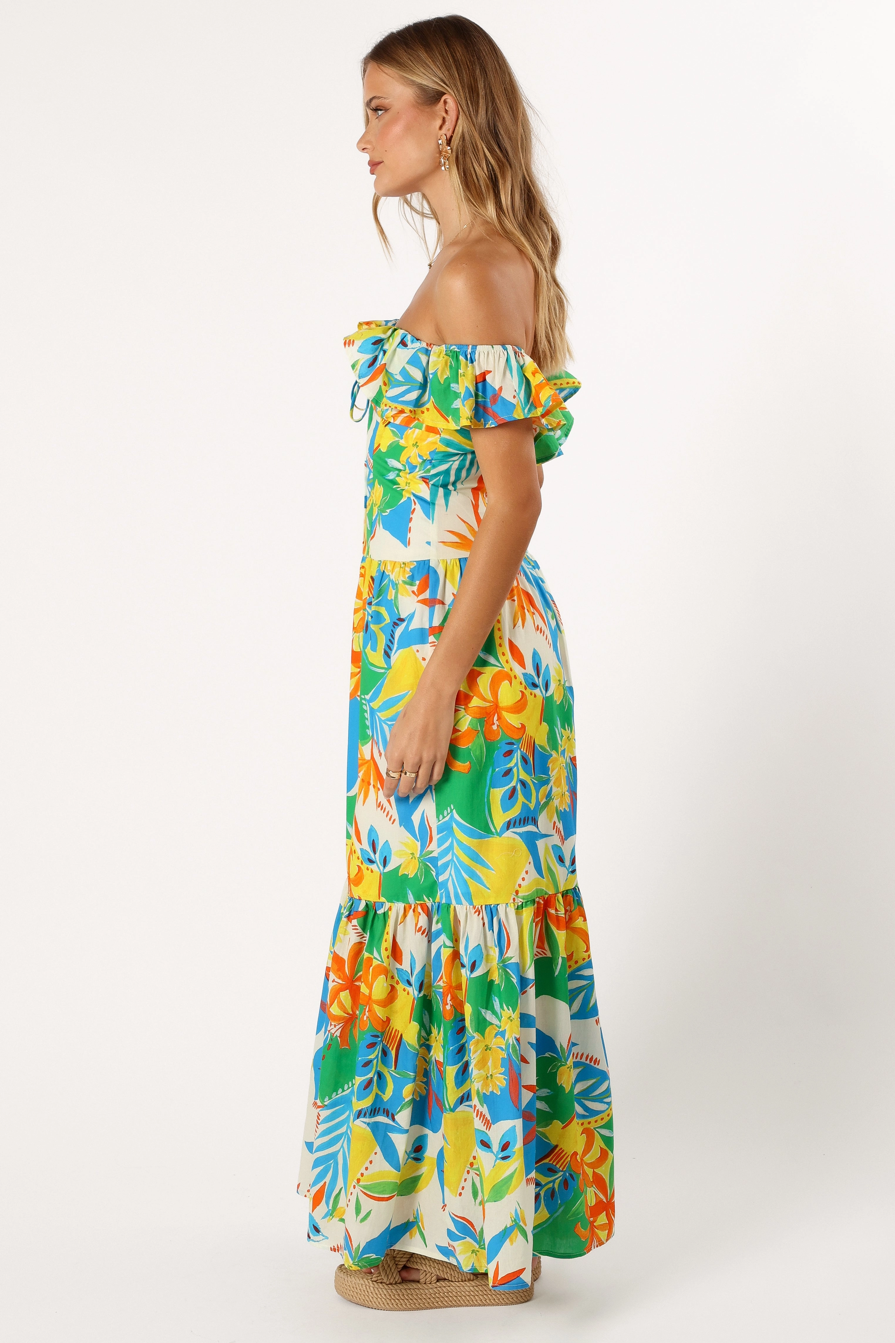 Gentle Stitch Chill Lines Harriet Off Shoulder Maxi Dress - Malta Print