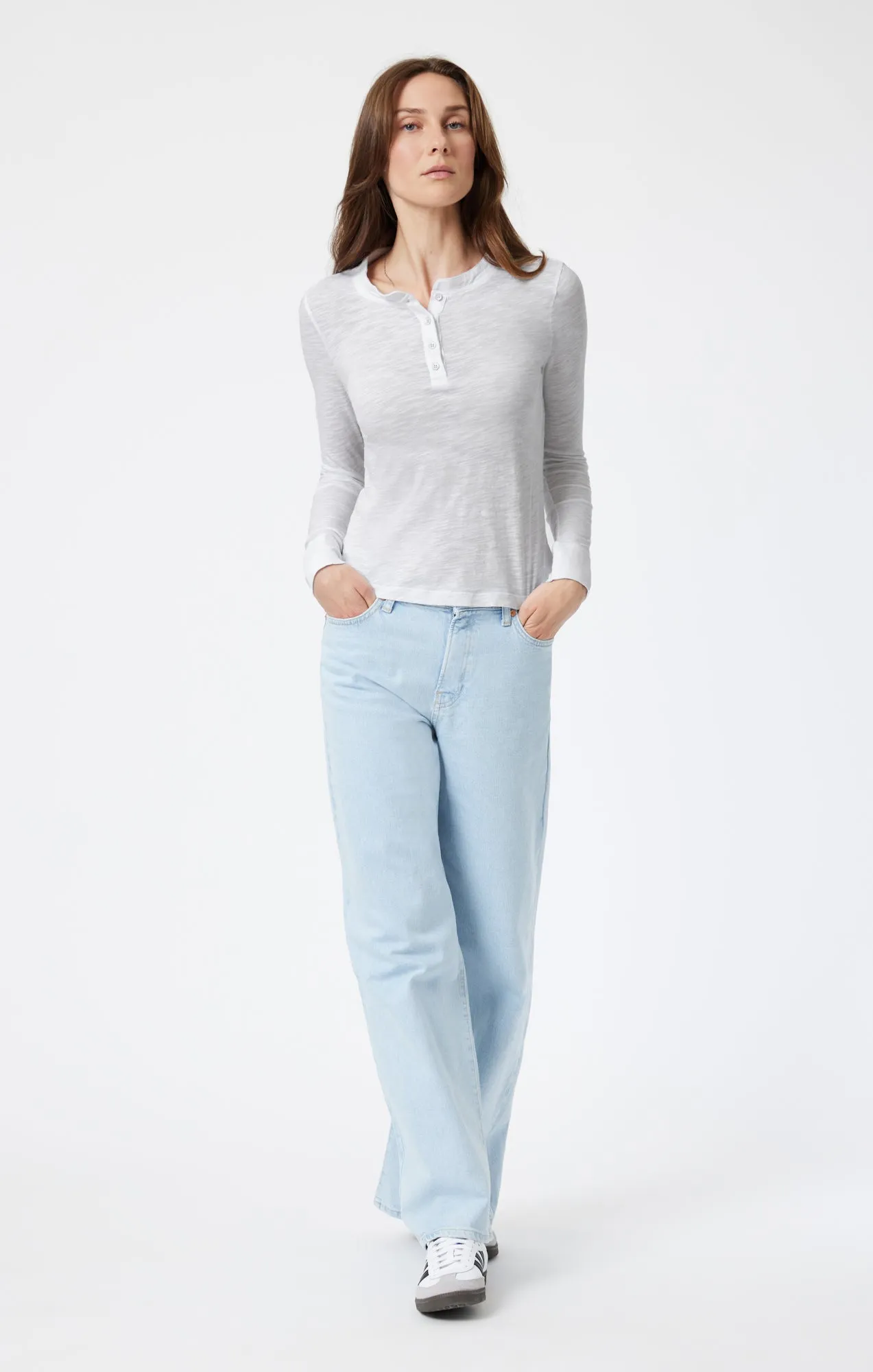 HENLEY T-SHIRT IN SNOW GREY MELANGE Pre Shrunk Cotton Layered Sleeve