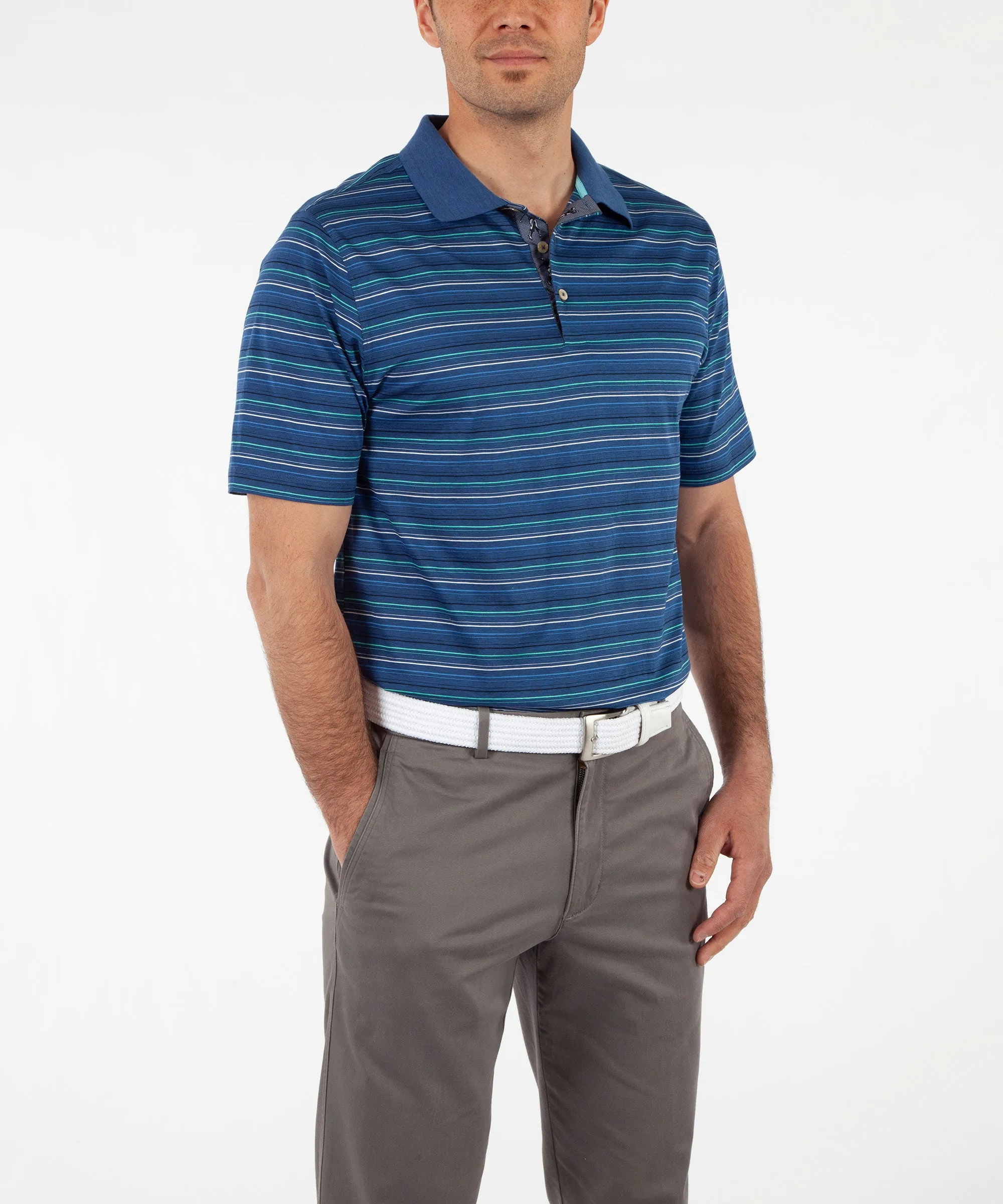 Comfy Stretch Layering Piece Heritage Luxe 100% Italian Cotton Jersey Multi-Pinstripe Jersey Polo Shirt