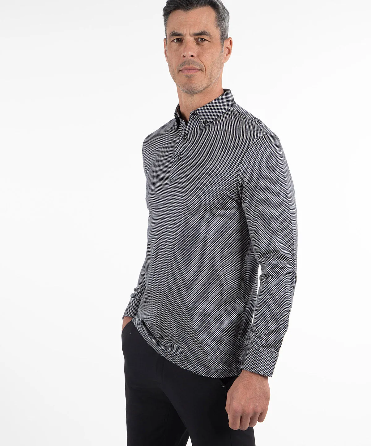 Sleek Comfort Heritage Sassari Diamond Jacquard Italian Cotton/Silk Blend Long-Sleeve Polo