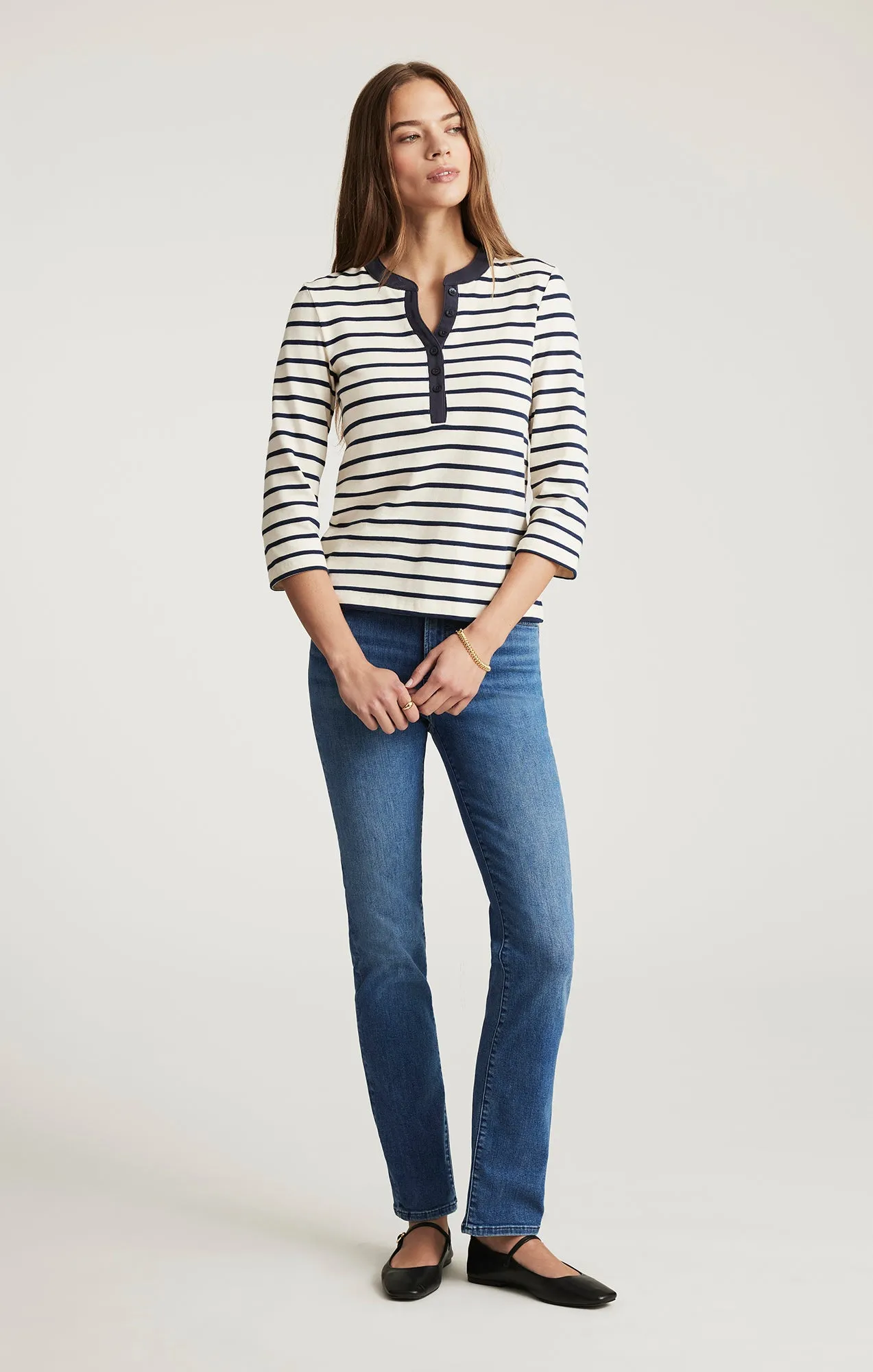 HENLEY QUARTER SLEEVE T-SHIRT IN NAVY BLAZER STRIPE Military Inspired Graduation Attire