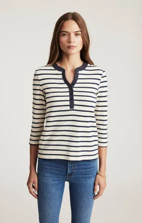 Pocket Detailing High Street Fashion HENLEY QUARTER SLEEVE T-SHIRT IN NAVY BLAZER STRIPE