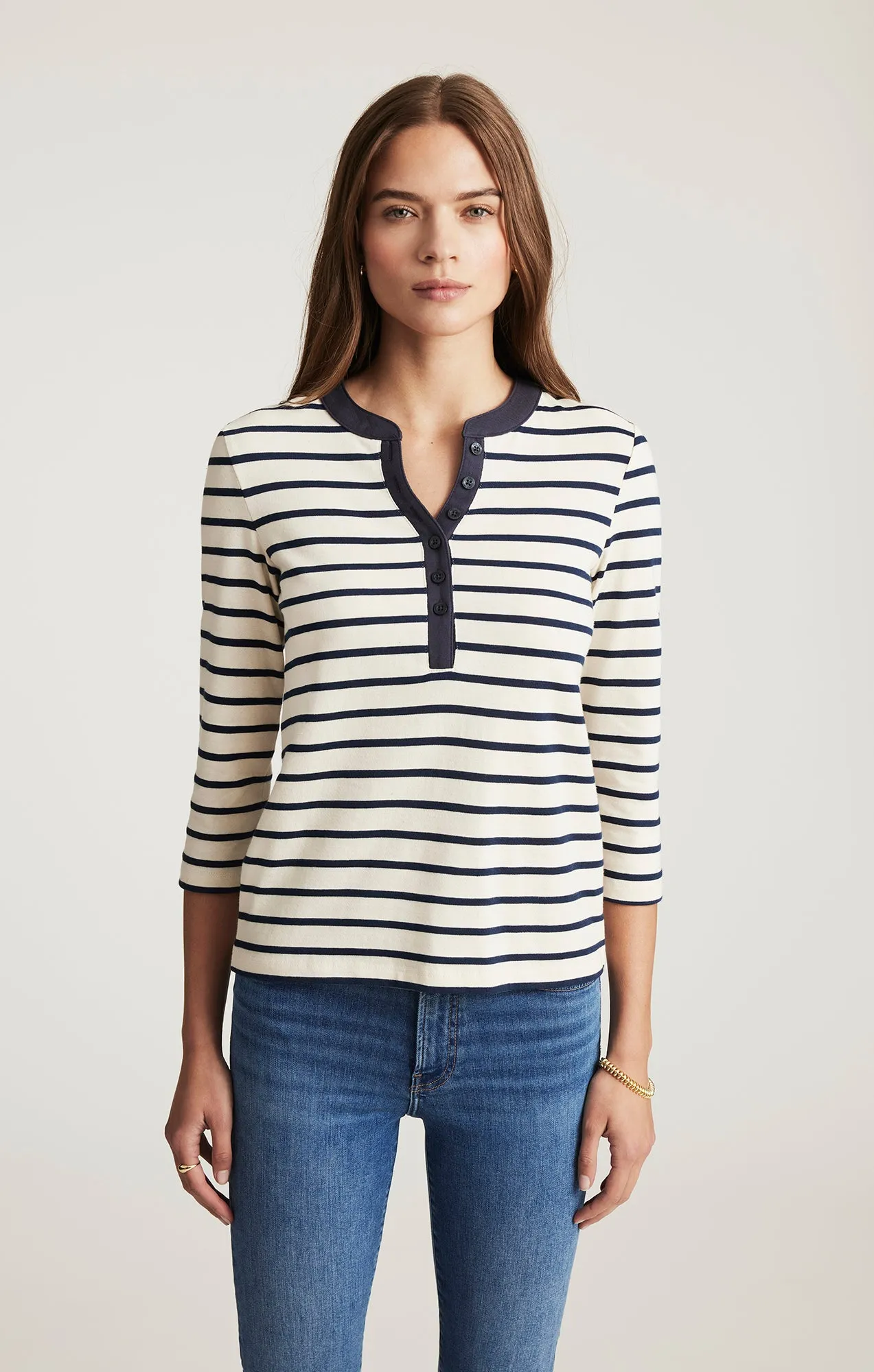 Pocket Detailing High Street Fashion HENLEY QUARTER SLEEVE T-SHIRT IN NAVY BLAZER STRIPE