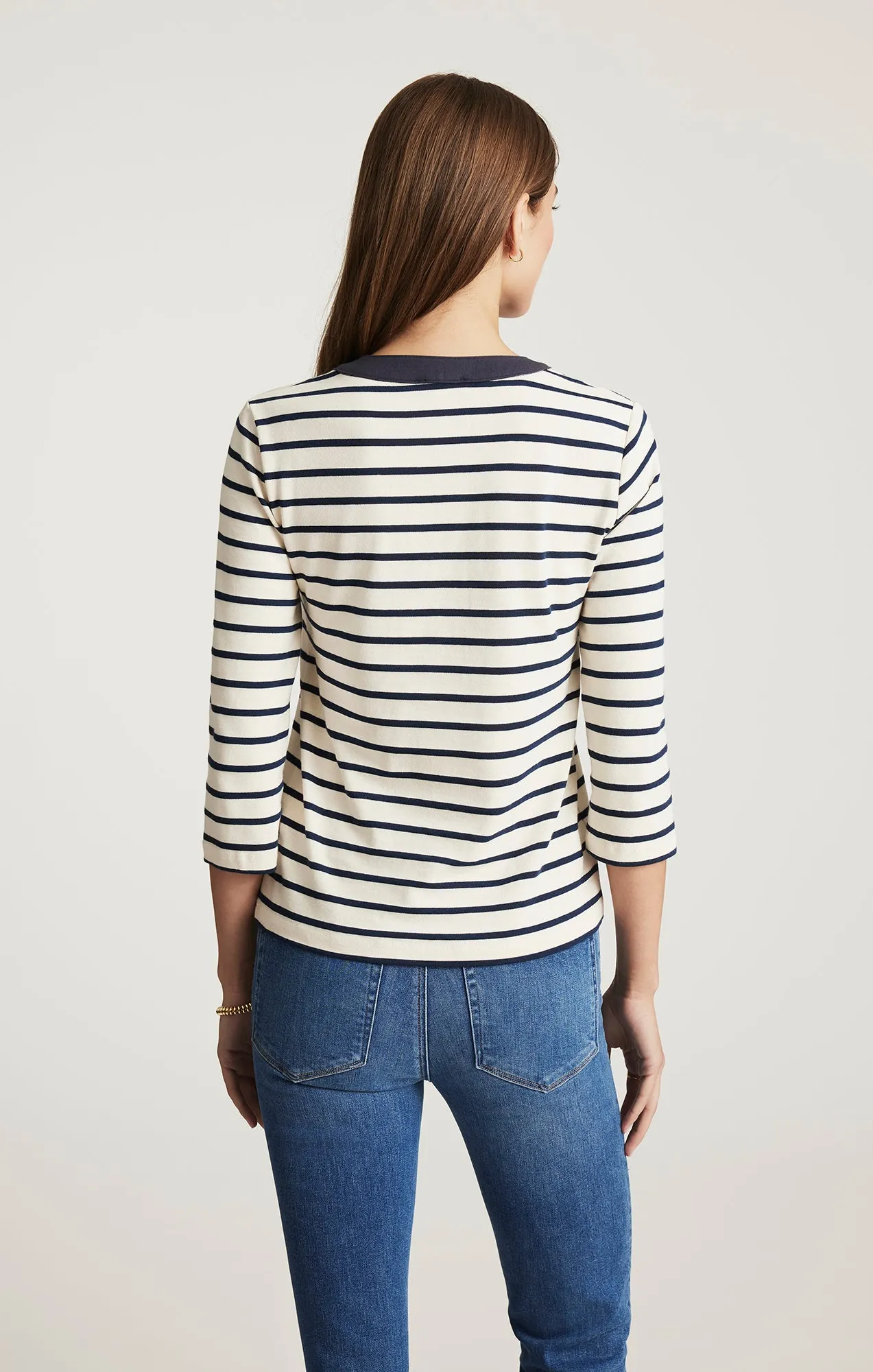 Friends Meetup HENLEY QUARTER SLEEVE T-SHIRT IN NAVY BLAZER STRIPE