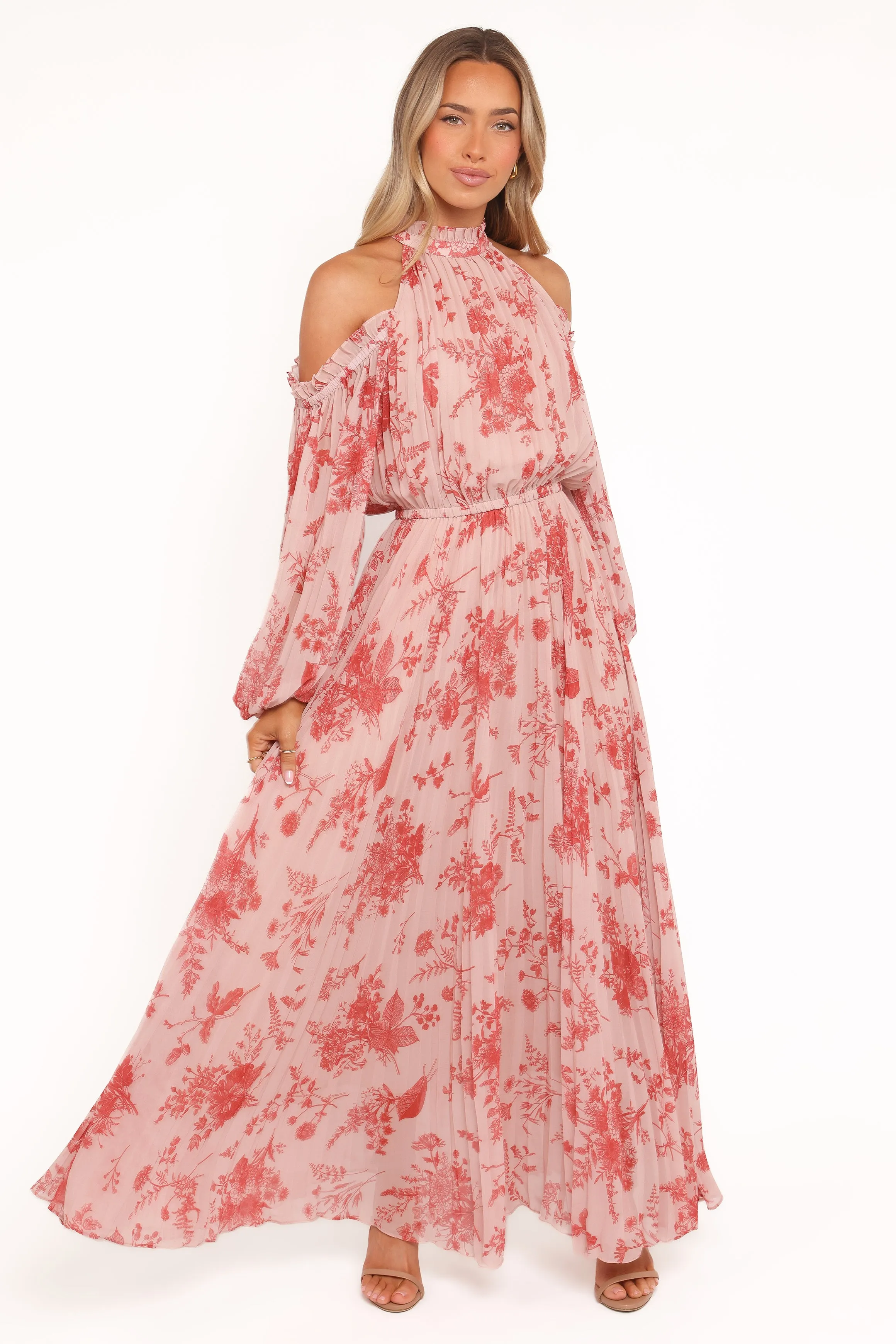 Hilary Pleated Maxi Dress - Red Floral Chic Harmony Feminine Layers