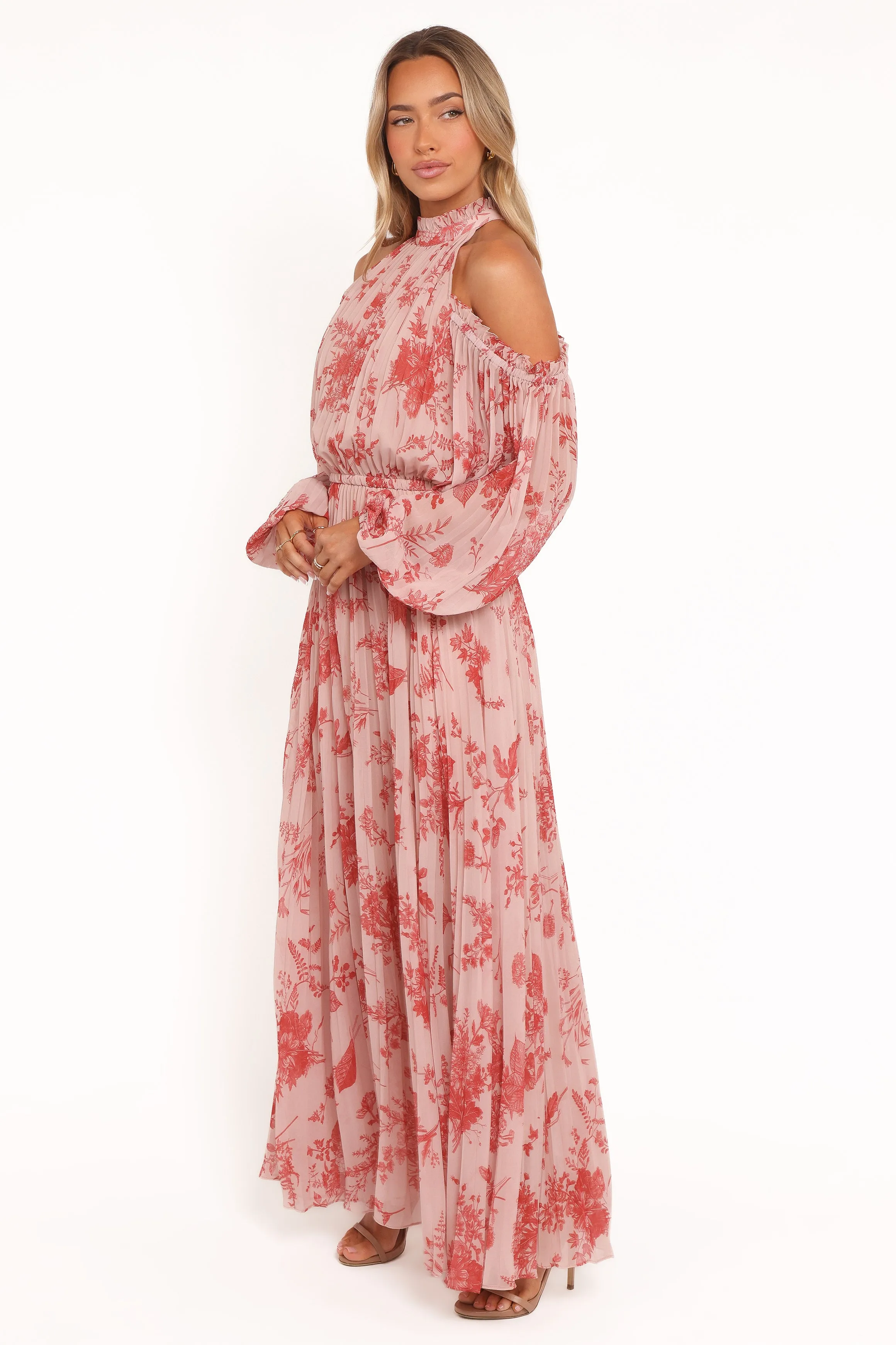 Hilary Pleated Maxi Dress - Red Floral Layered Volume Lace-Trim