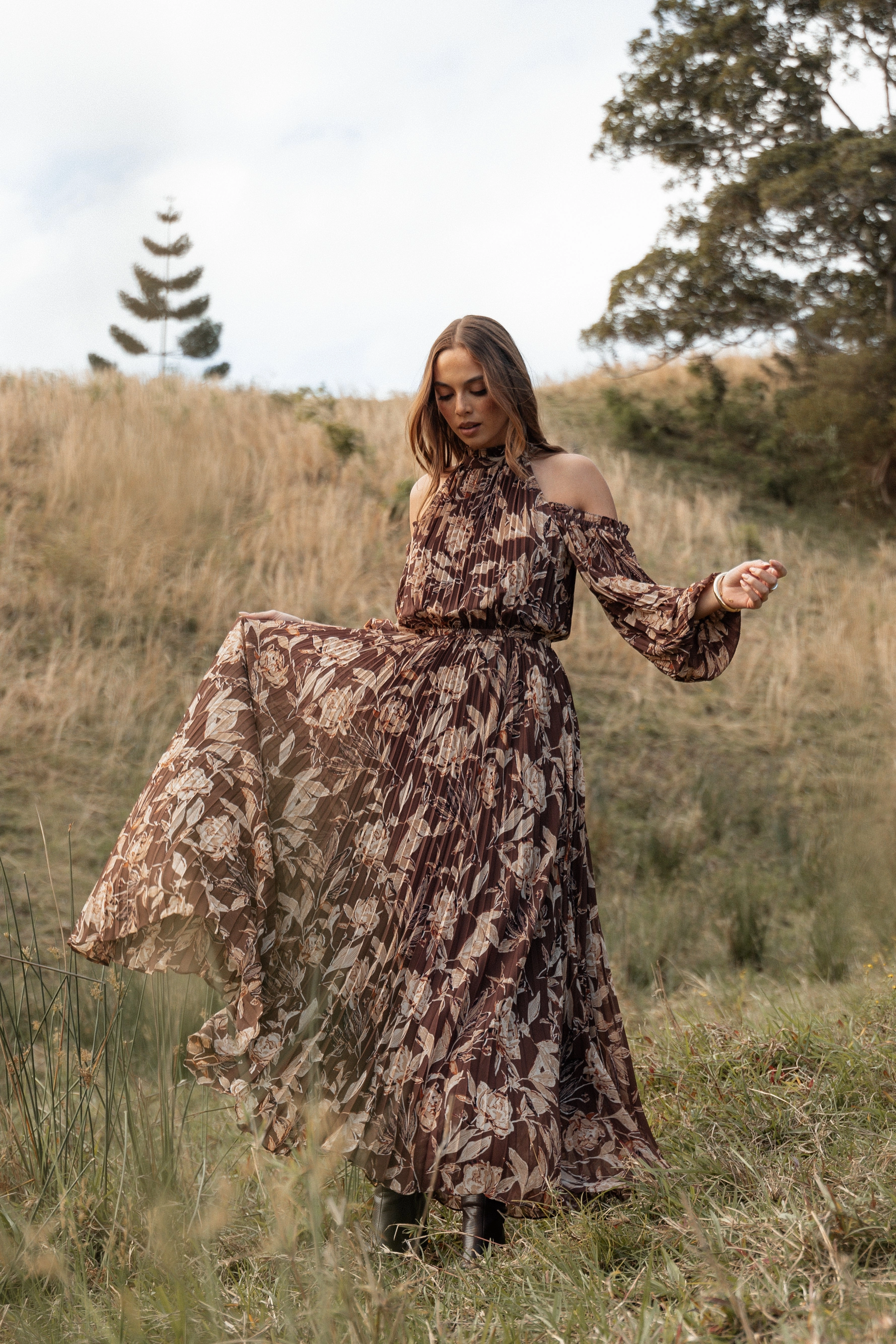 Garden-Party Hilary Pleated Maxi Dress - Brown Floral