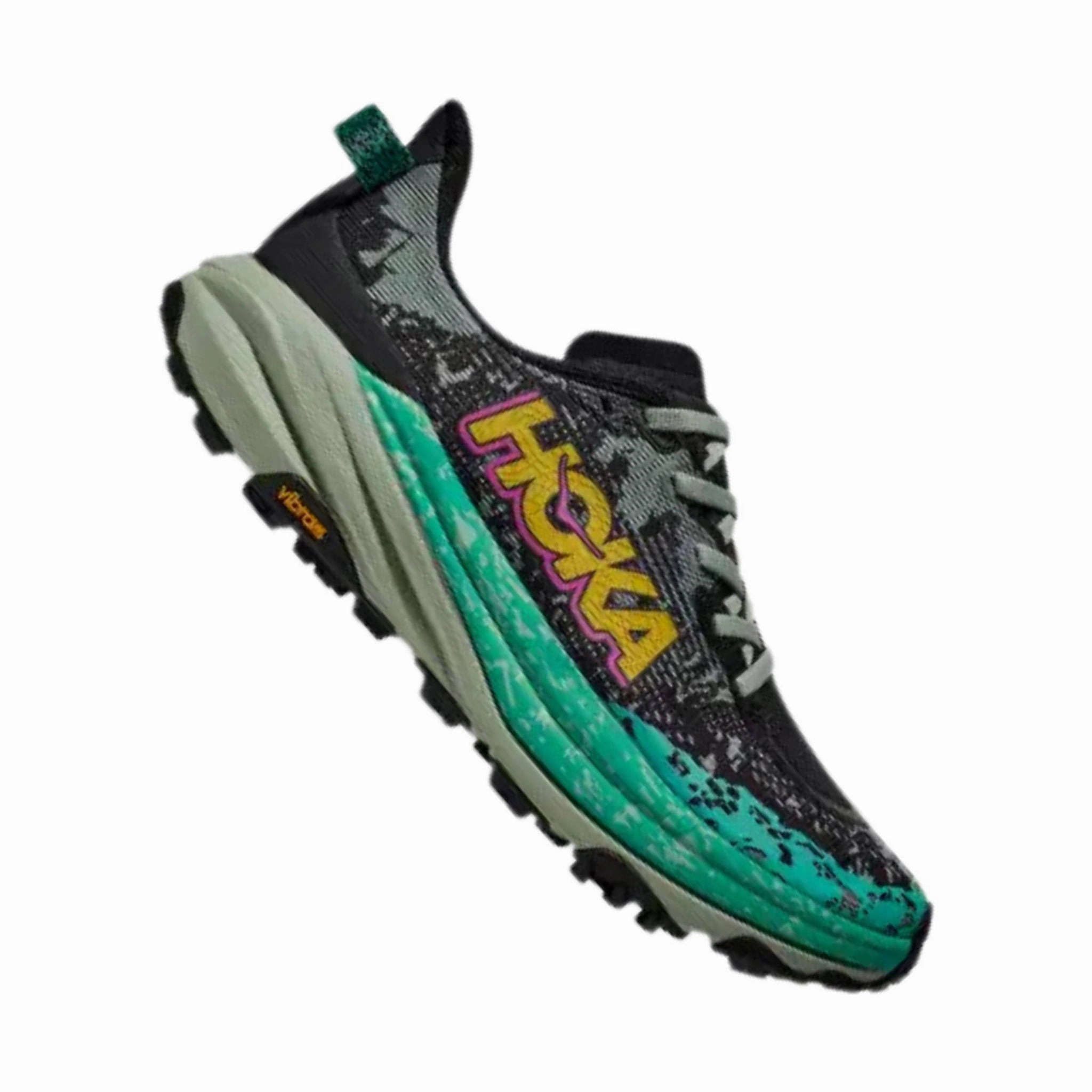 Hexagonal Grip Tread Comfortable fit HOKA Women's Speedgoat 6 Trail Running Shoes - Black/ Aloe Vera