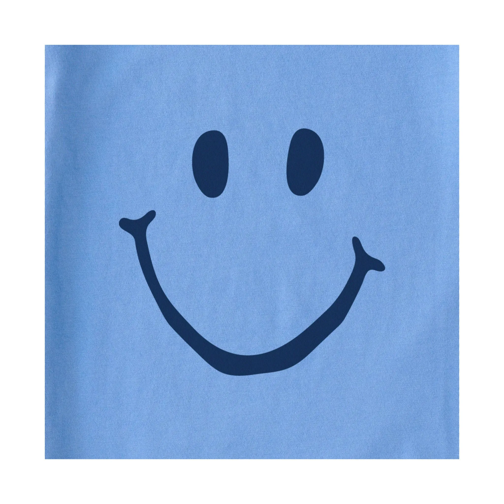 Layered Hemline Breathable mesh panel Life Is Good Women's Smiley Short Sleeve Crusher Tee - Cornflower Blue